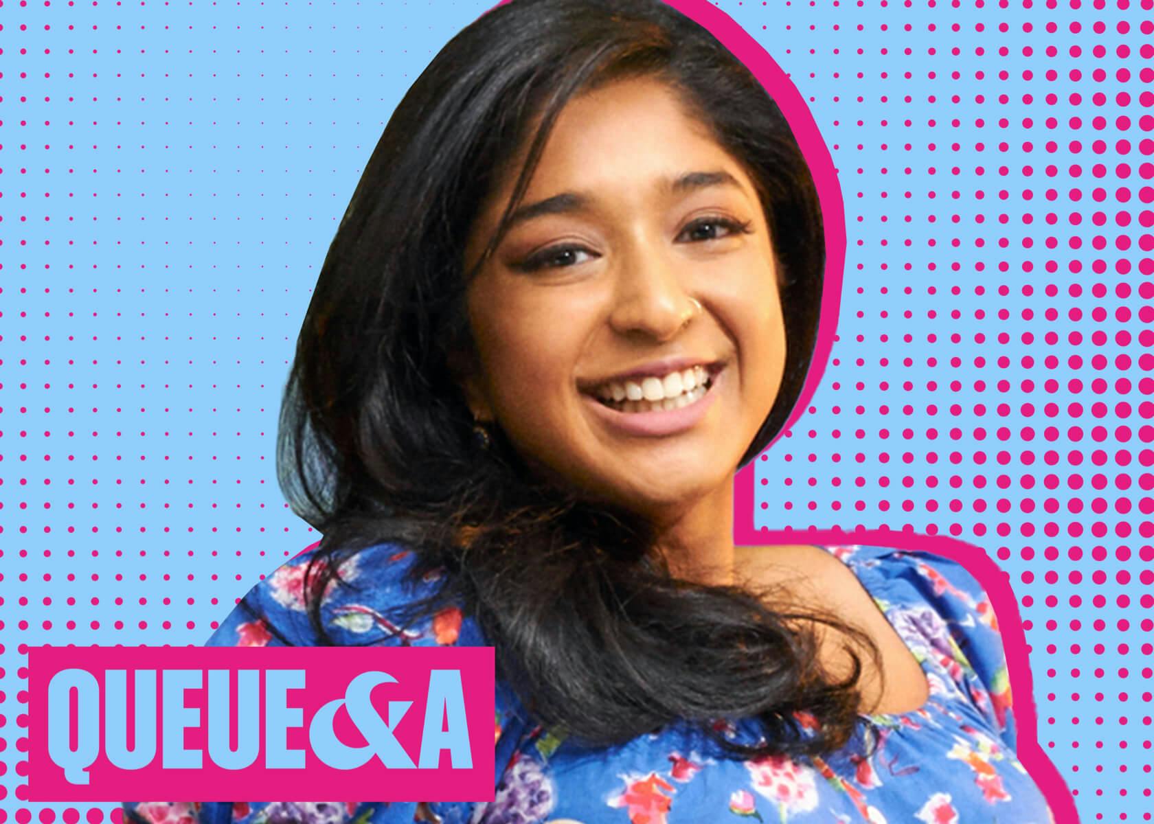 A portrait of Maitreyi Ramakrishnan against a light blue and pink background. She wears a colorful blouse with flower print. Below her face reads: Queue & A in a pink box.