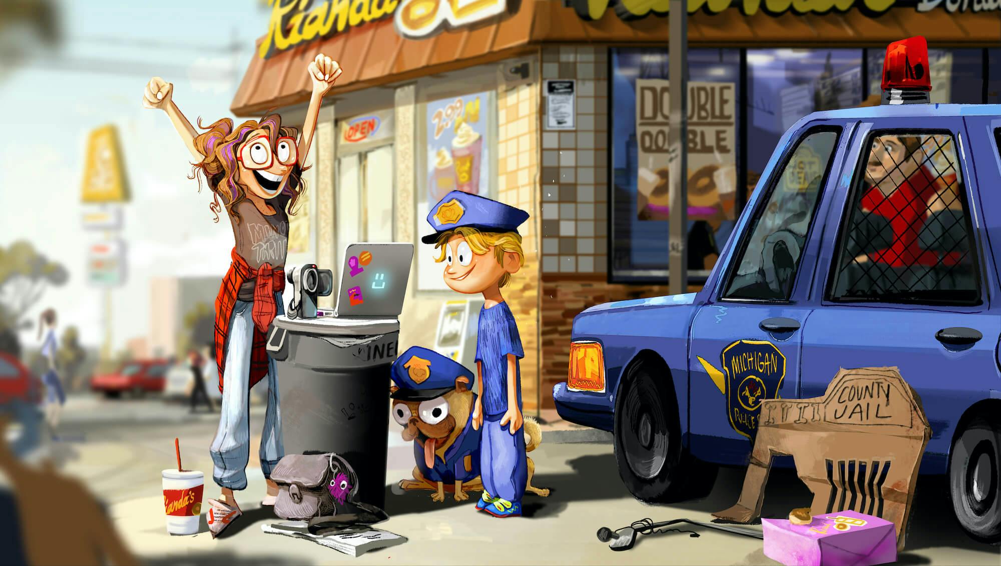 Katie and Aaron stand outside a fast food restaurant looking at Katie’s computer. She raises her fists ecstatically as Aaron and Monchi look on in matching cop outfits. Beside them is a police car (and cardboard imitation counterpart).