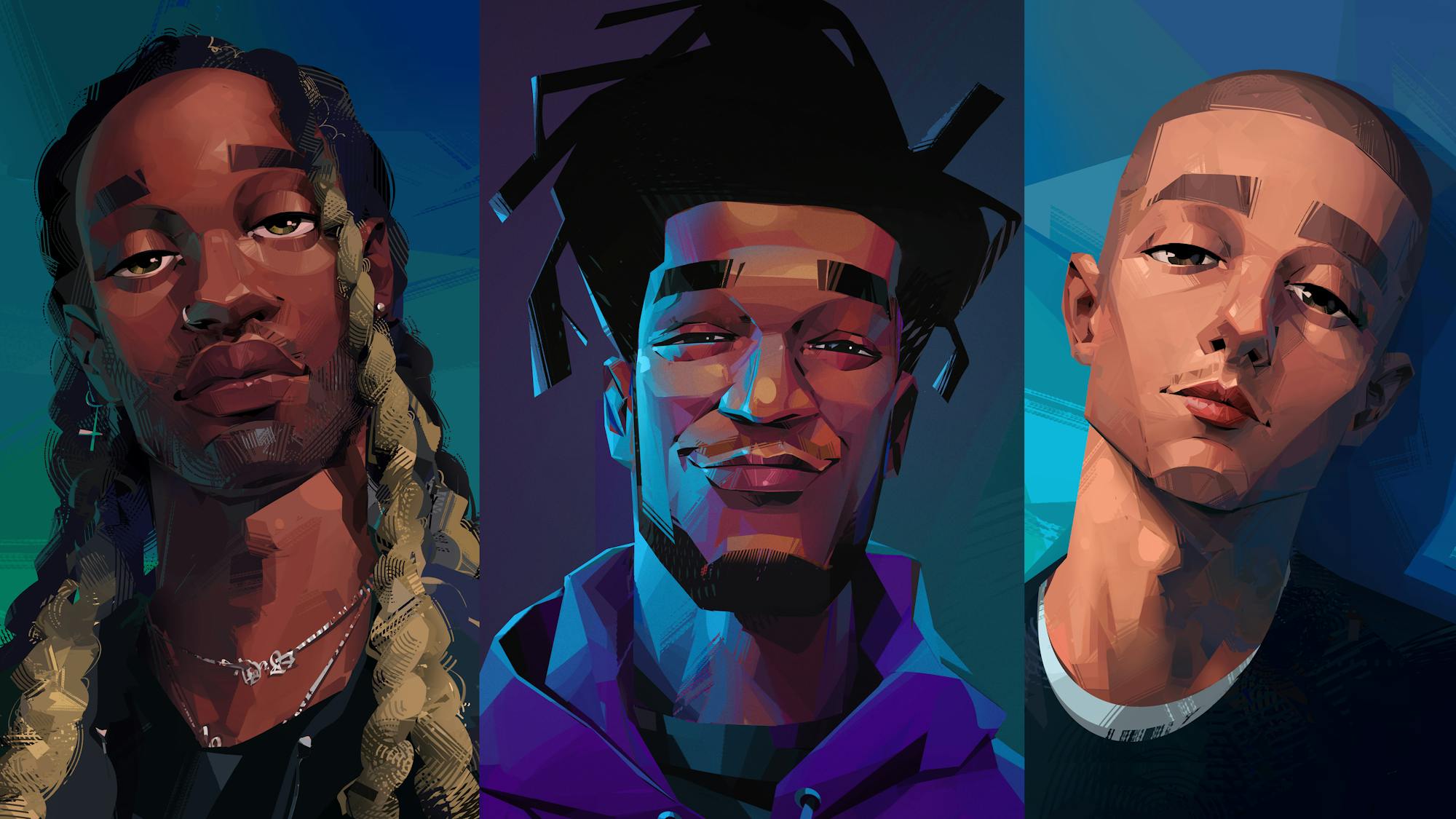 Ky (Ty Dolla $ign), Jabari (Scott Mescudi), and Jimmy (Timothée Chalamet) in a triptych.