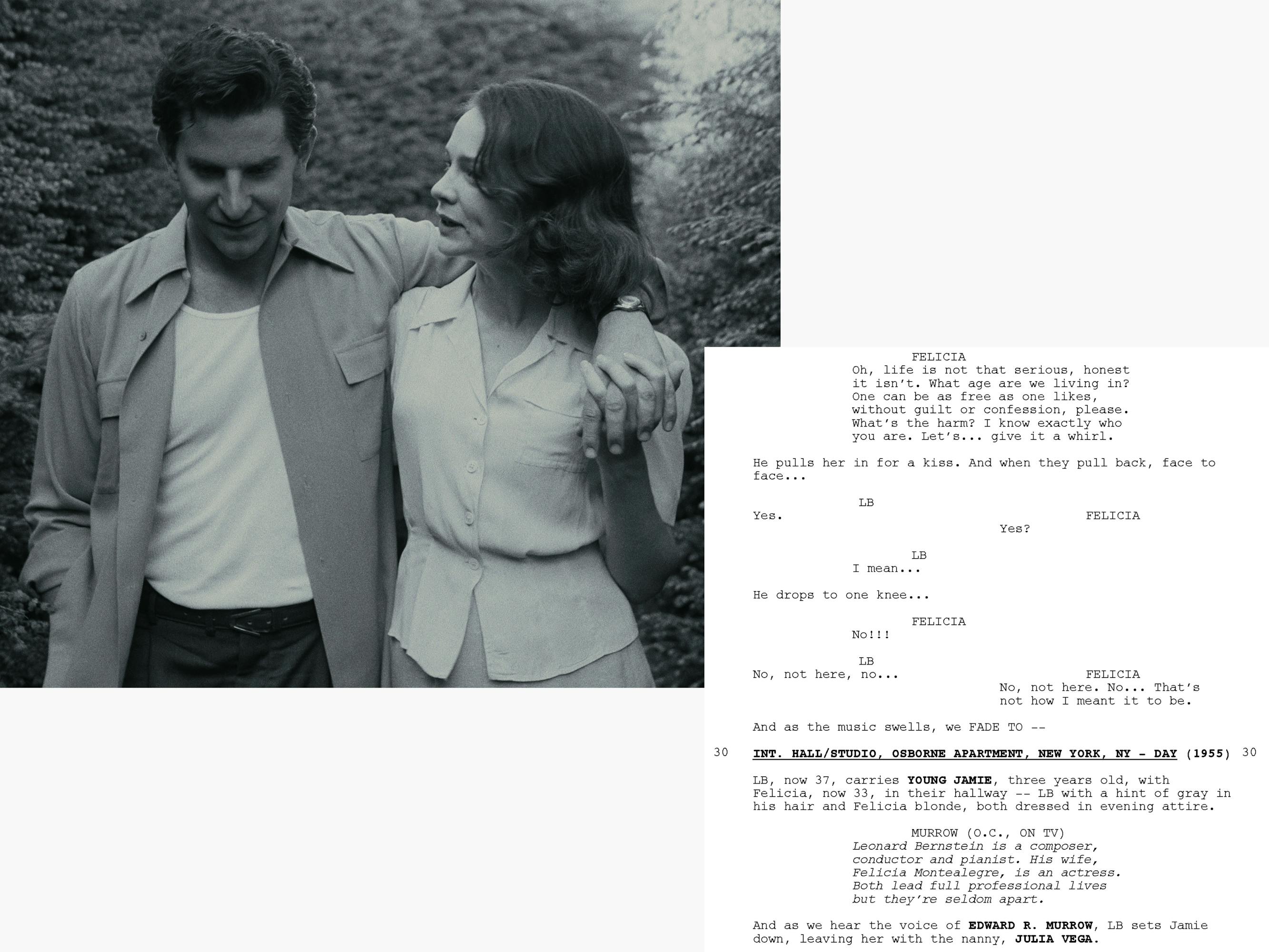 Leonard Bernstein (Bradley Cooper) and Felicia Montealegre Cohn Bernstein (Carey Mulligan) and a page from the script.