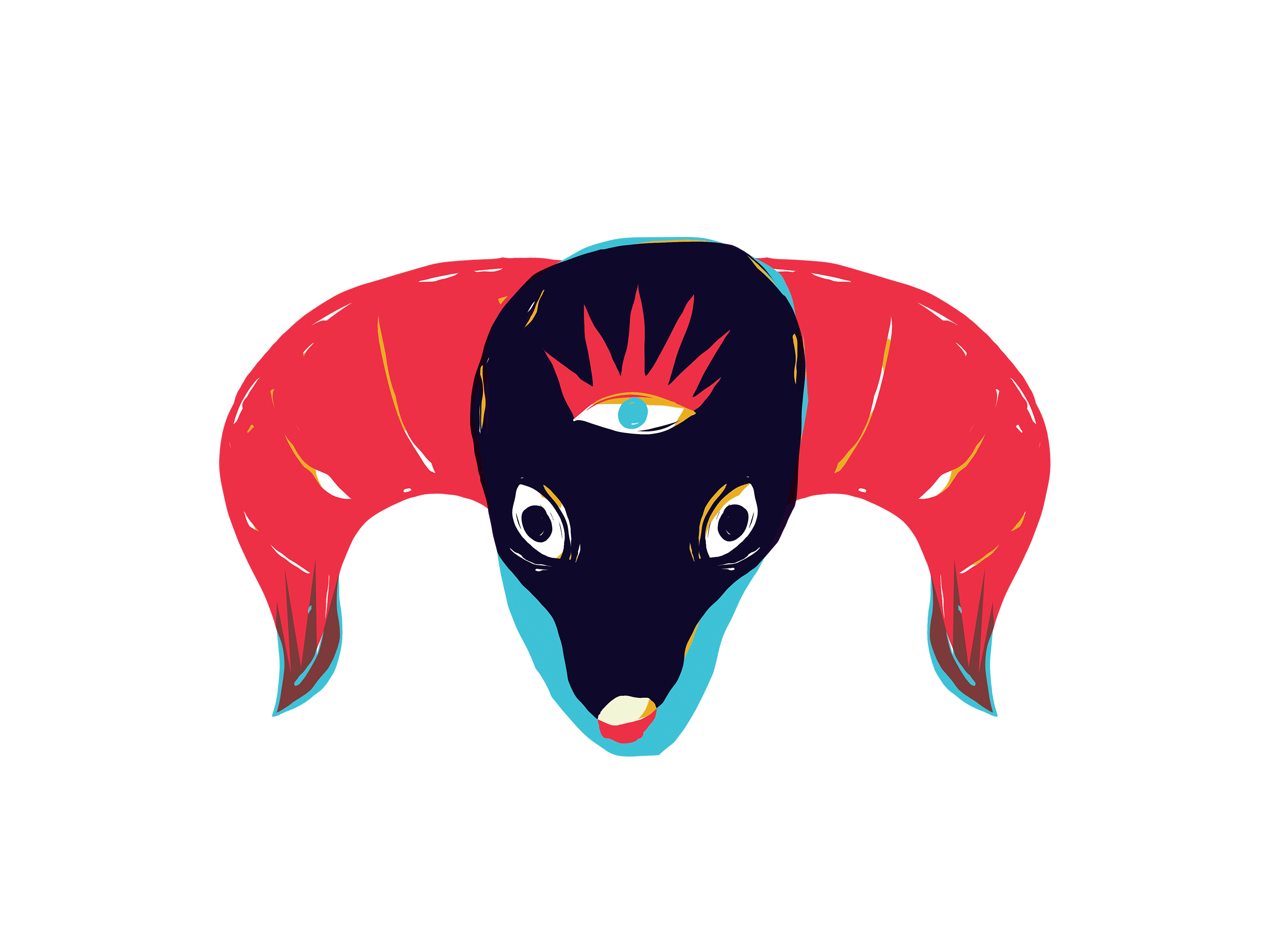a black creature with two red horns 