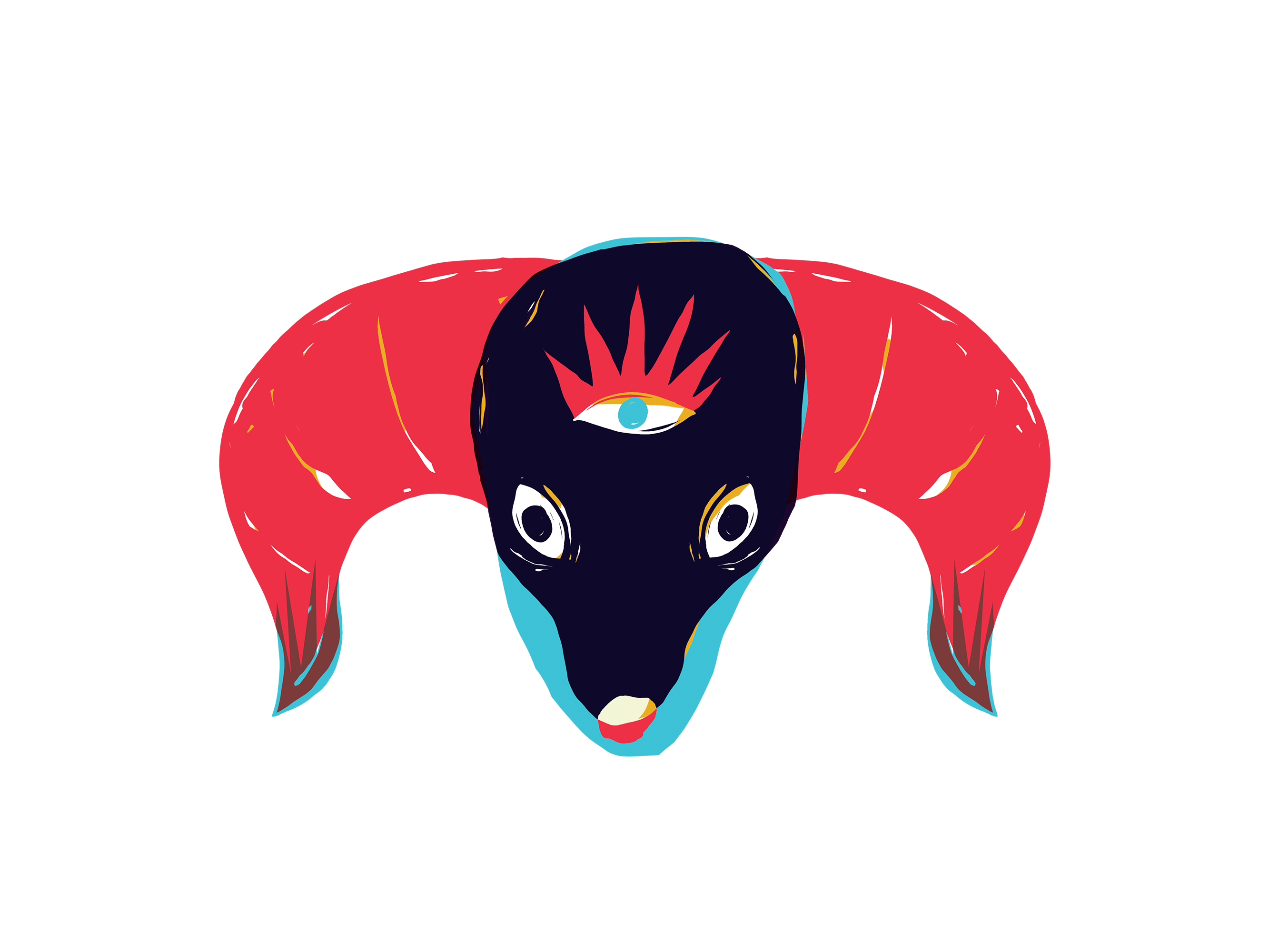a black creature with two red horns