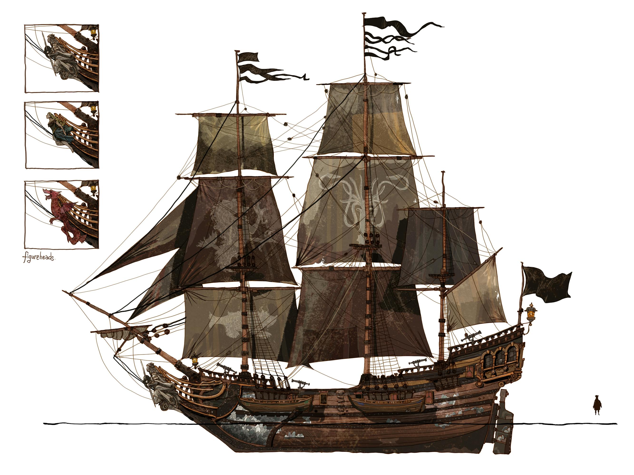 A developmental sketch of the Inevitable when the creative team were exploring various figureheads for the monster-hunting ship. The hull is wooden and brown, and the shades are varying shades of brown as well.