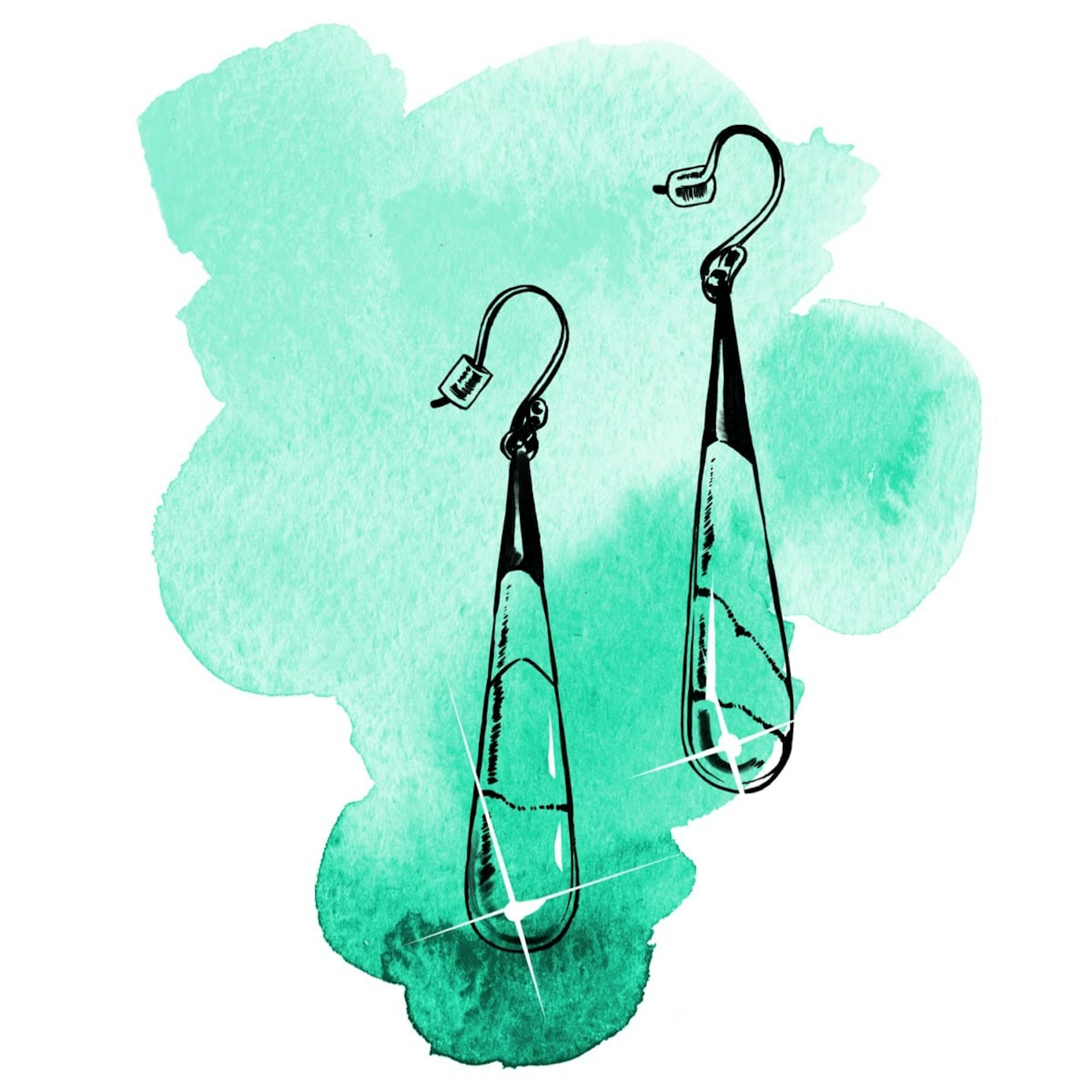 A watercolor illustration of the turquoise teardrop earrings that Jo Ellen wore to her first prom. Can you say glamour?