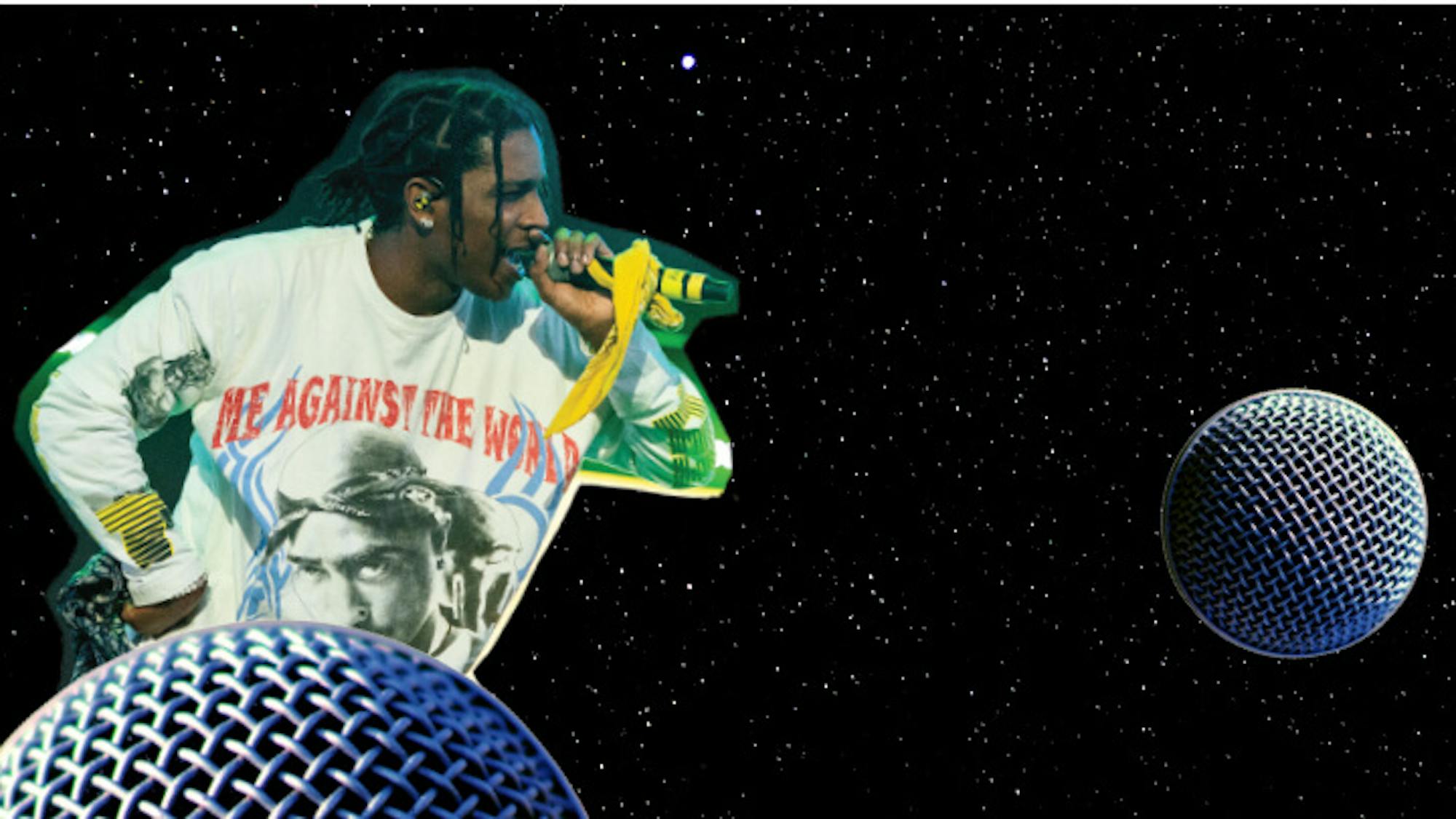 A$AP Rocky wears a Tupac shirt that reads “Me against the world” as he sings into a mike with a yellow bandana.