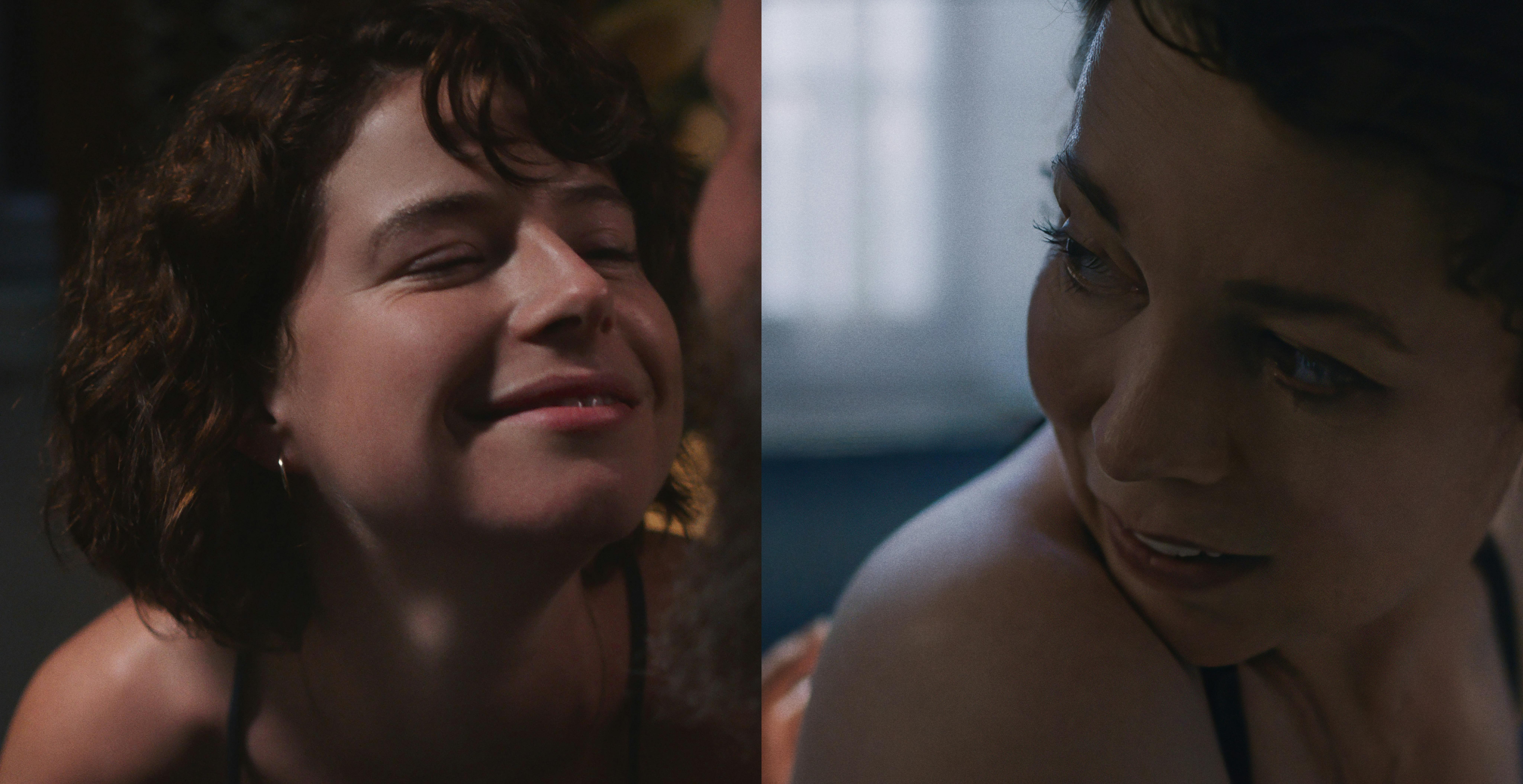 Jessie Buckley and Olivia Colman in a diptych shot. Buckley wears earrings and a tank top and smiles. Colman wears a black bathingsuit and looks over her shoulder.