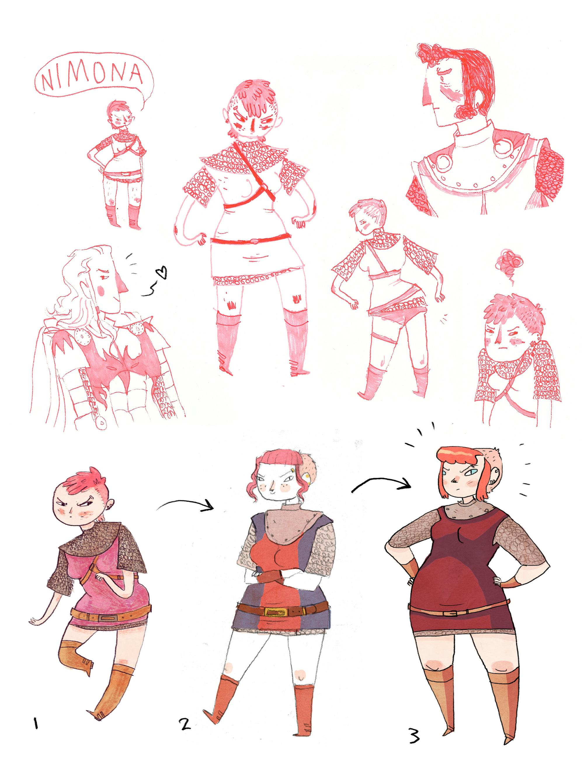Early sketches of Nimona: she wears a red dress and tall boots.
