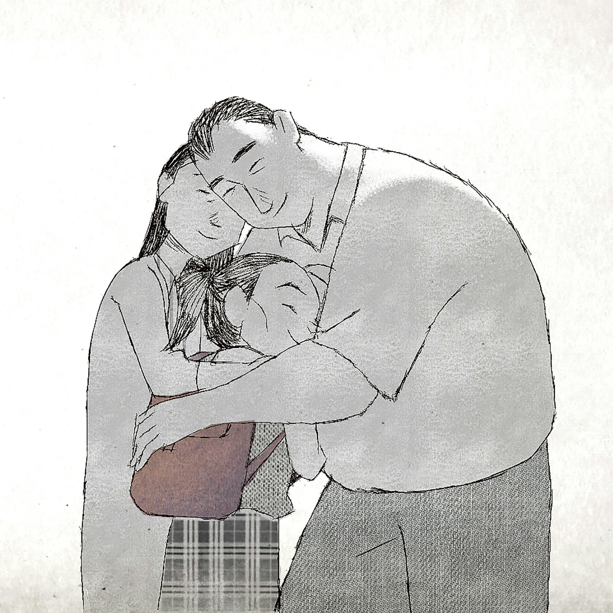 A still from If Anything Happens I Love You. The couple at the center of the film hug their young daughter, who is pictured in a school uniform.
