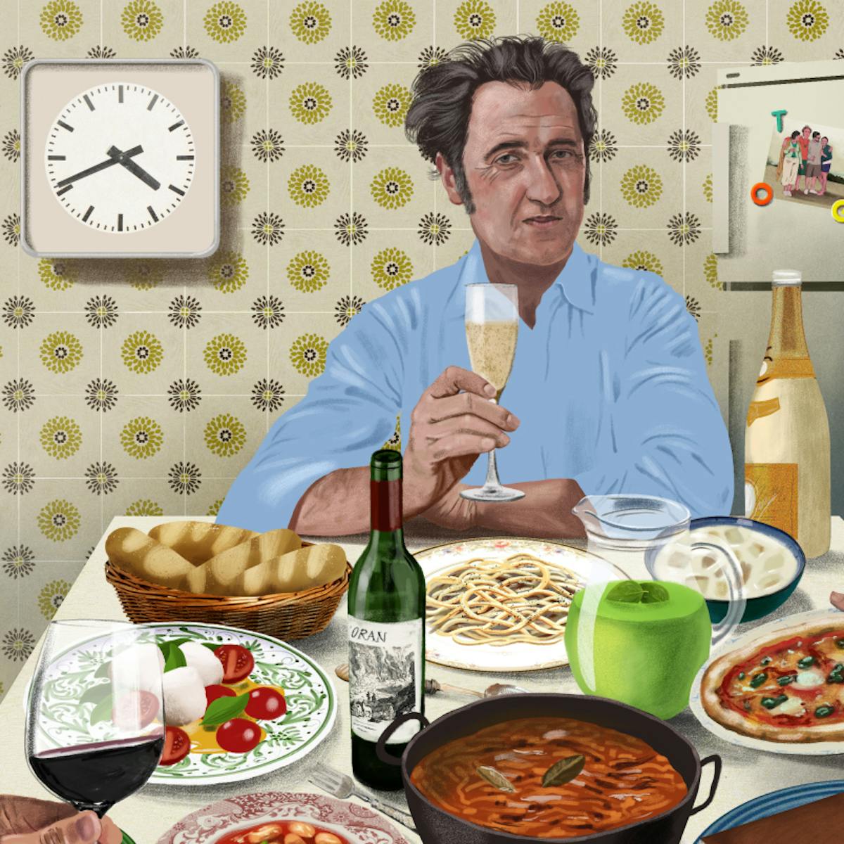 Paolo Sorrentino wears a blue shirt and sits at a table. In front of him is pizza, burrata and tomatoes, pasta, bread, red wine, and Cristal.