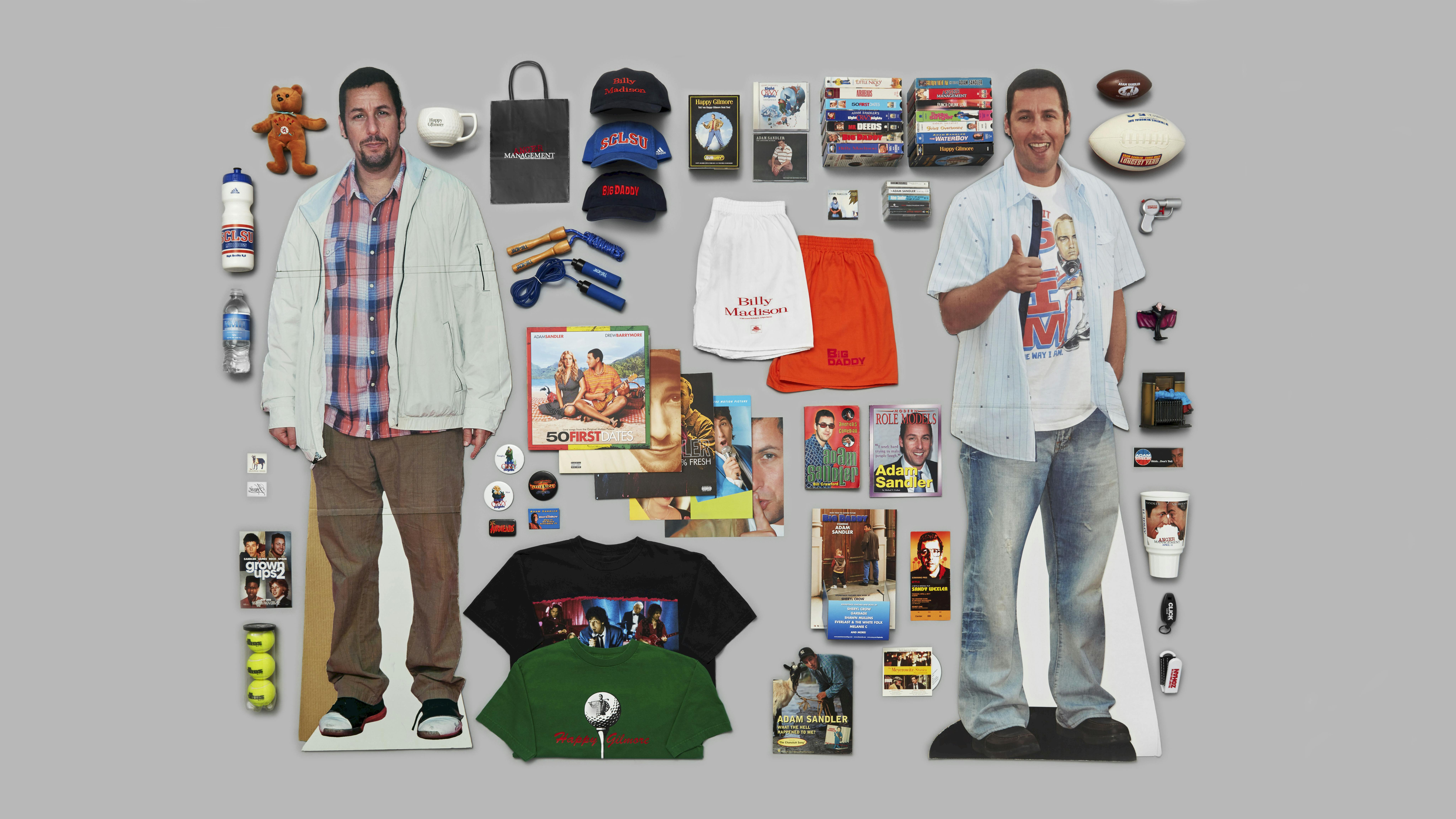 The Adam Sandler starter pack, including long gym shorts, baseball hats, t-shirts, waterbottles, sports balls, and movie posters.  