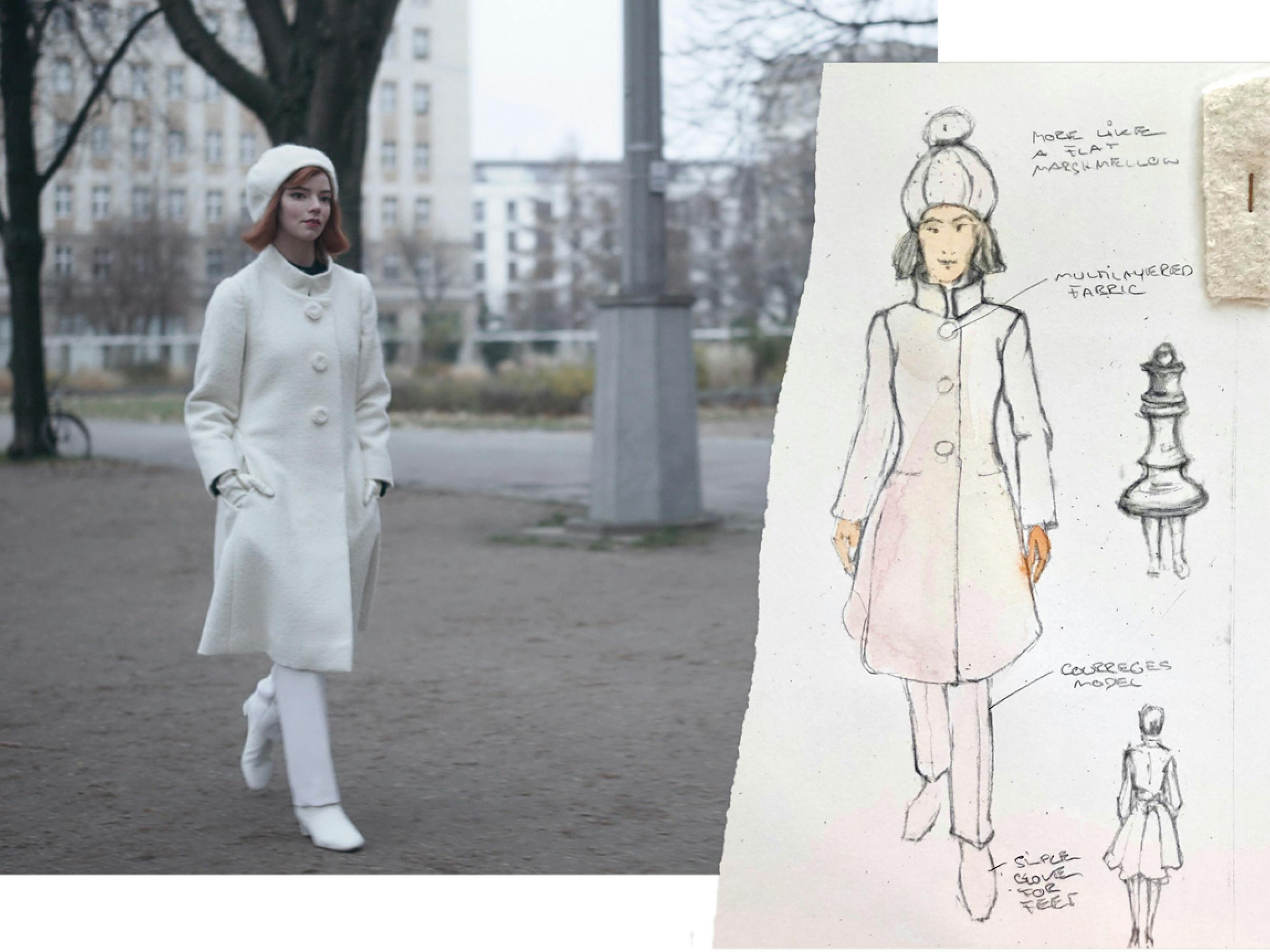 Beth in her all-white ensemble, strutting through the streets of Moscow. A still from the series is matched with its corresponding costume sketch, which compares the costume’s silhouette with that of the queen piece.