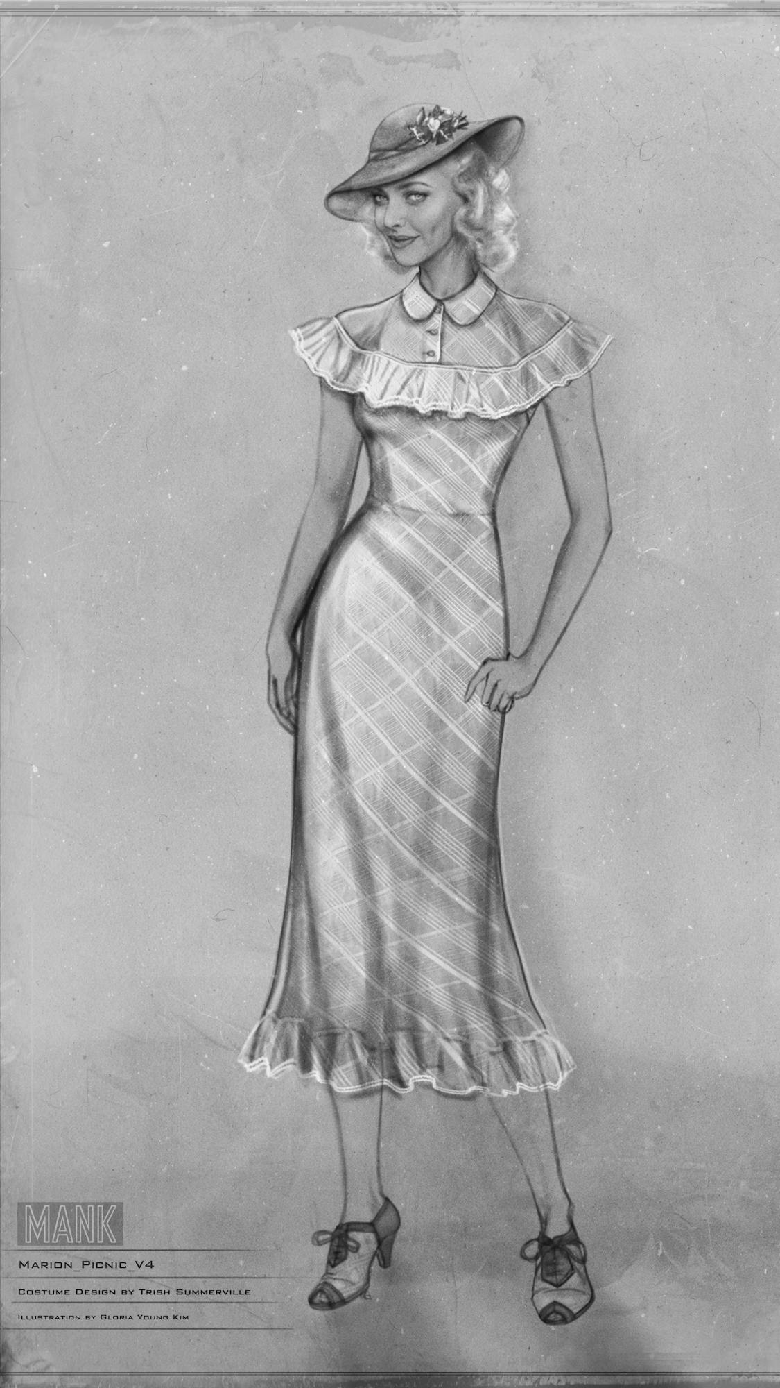 Black-and-white costume sketch of Marion Davies wearing her light and airy picnic outfit of double-stripe organza. It’s complete with matching hat. 