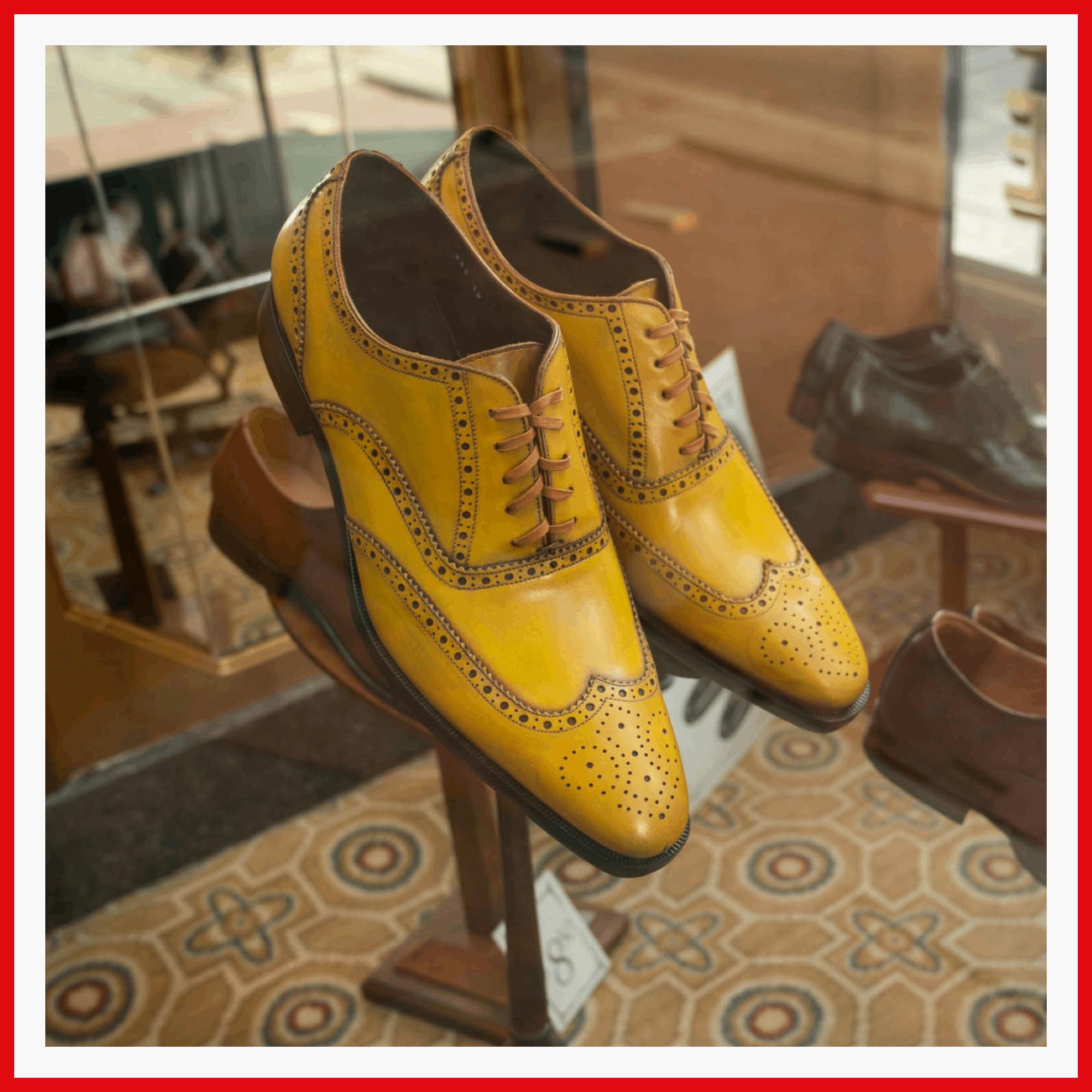 Trumpet-player Levee (Chadwick Boseman) rolls into a recording session wearing a brand-new pair of yellow shoes. They are pictured here on a pedestal, just as they deserve.