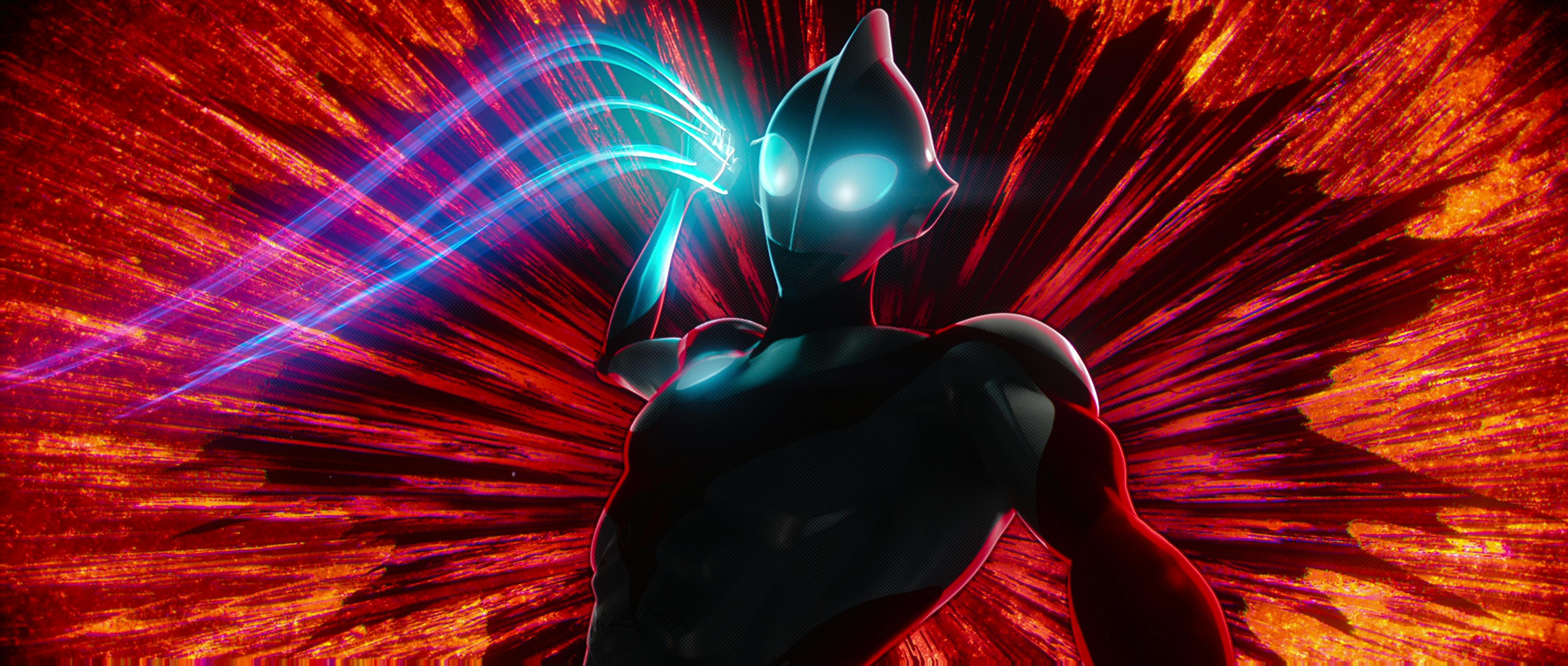 Blue light glows from Ultraman's eyes against a red-and-orange explosion.