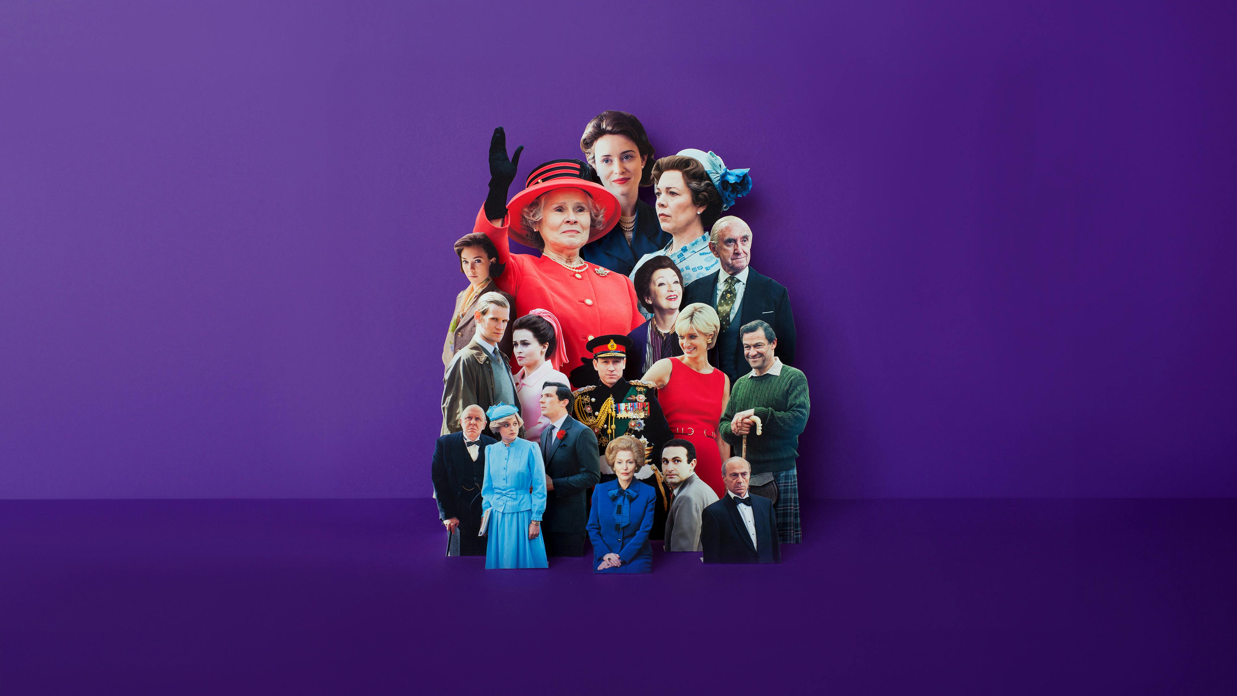 A collage of The Crown cast, over the years. In the top corner are the three actors who play the queen (Imelda Staunton, Claire Foy, and Olivia Colman); clockwise from the queens are Jonathan Pryce, Lesley Manville. Elizabeth Debicki, Dominic West, Salim Daw, Khalid Abdalla, Gillian Anderson, Matt Smith, Josh O'Connor, Emma Corrin, Joth Lithigow, Helena Bonham Carter, and Vanessa Virby.