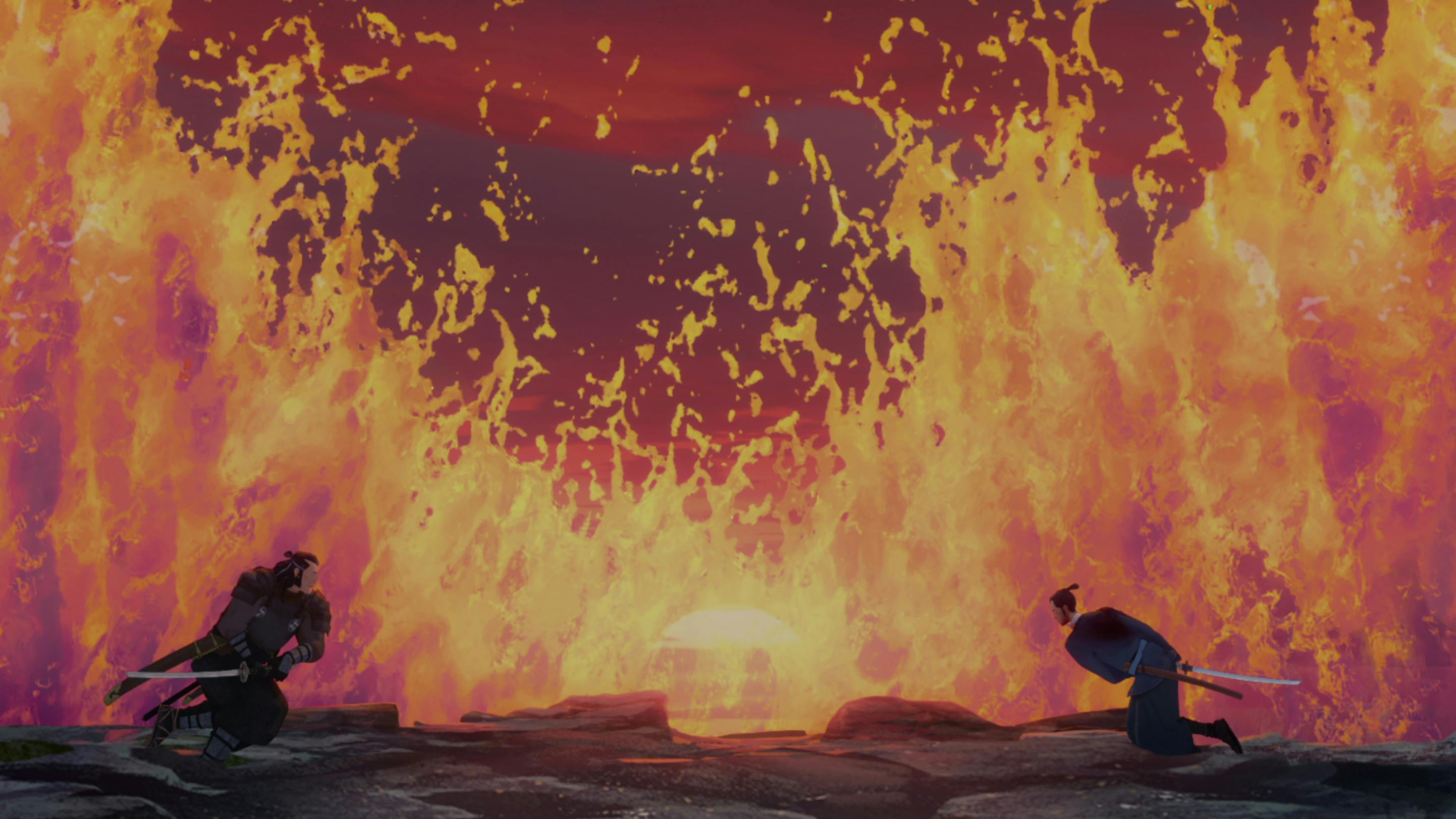 Taigen (Darren Barnet) and Mizu (Maya Erskine) face off at the mouth of a volcano.