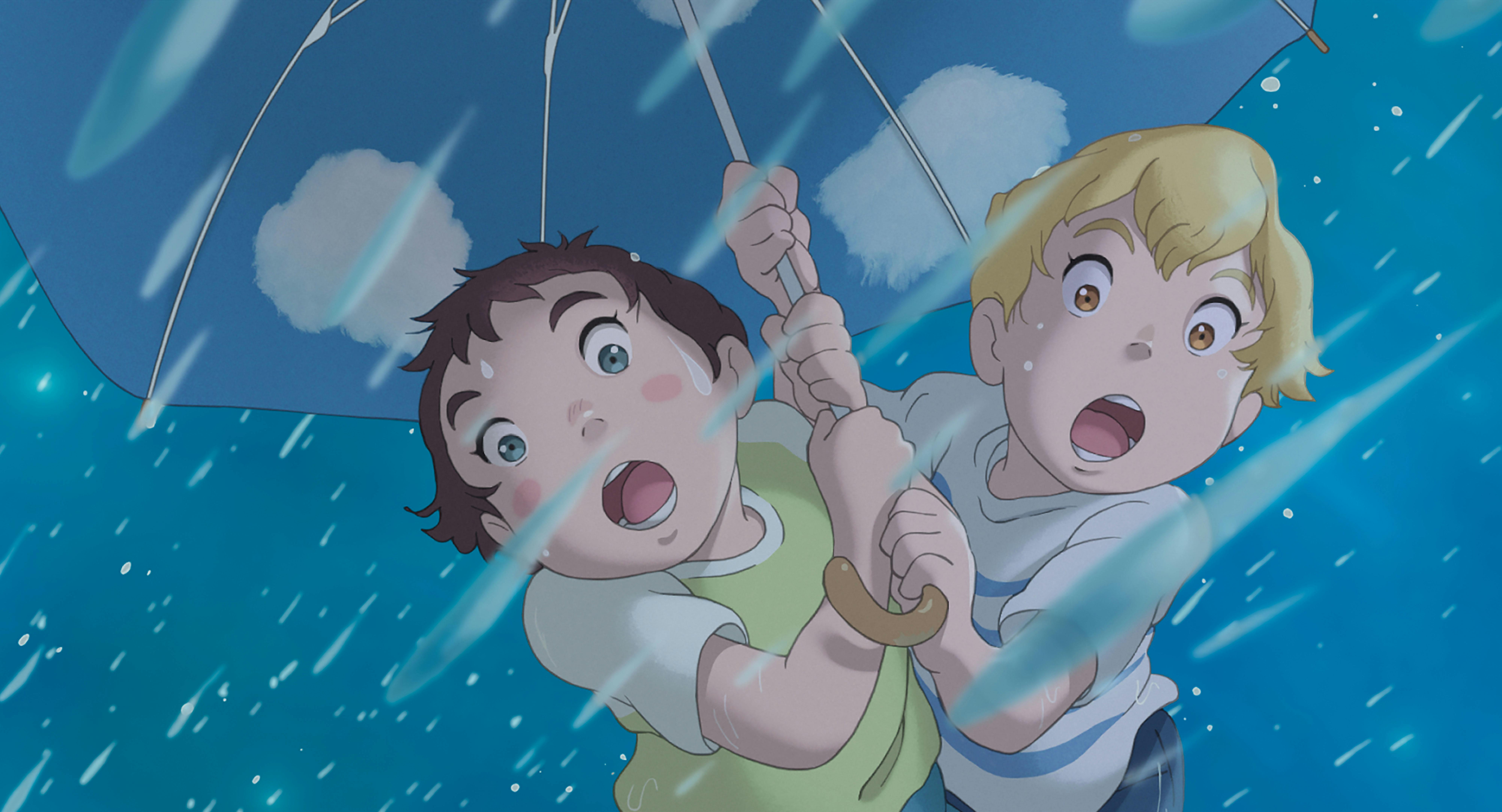 Amanda and Rudger fly through a rainy sky holding an umbrella.