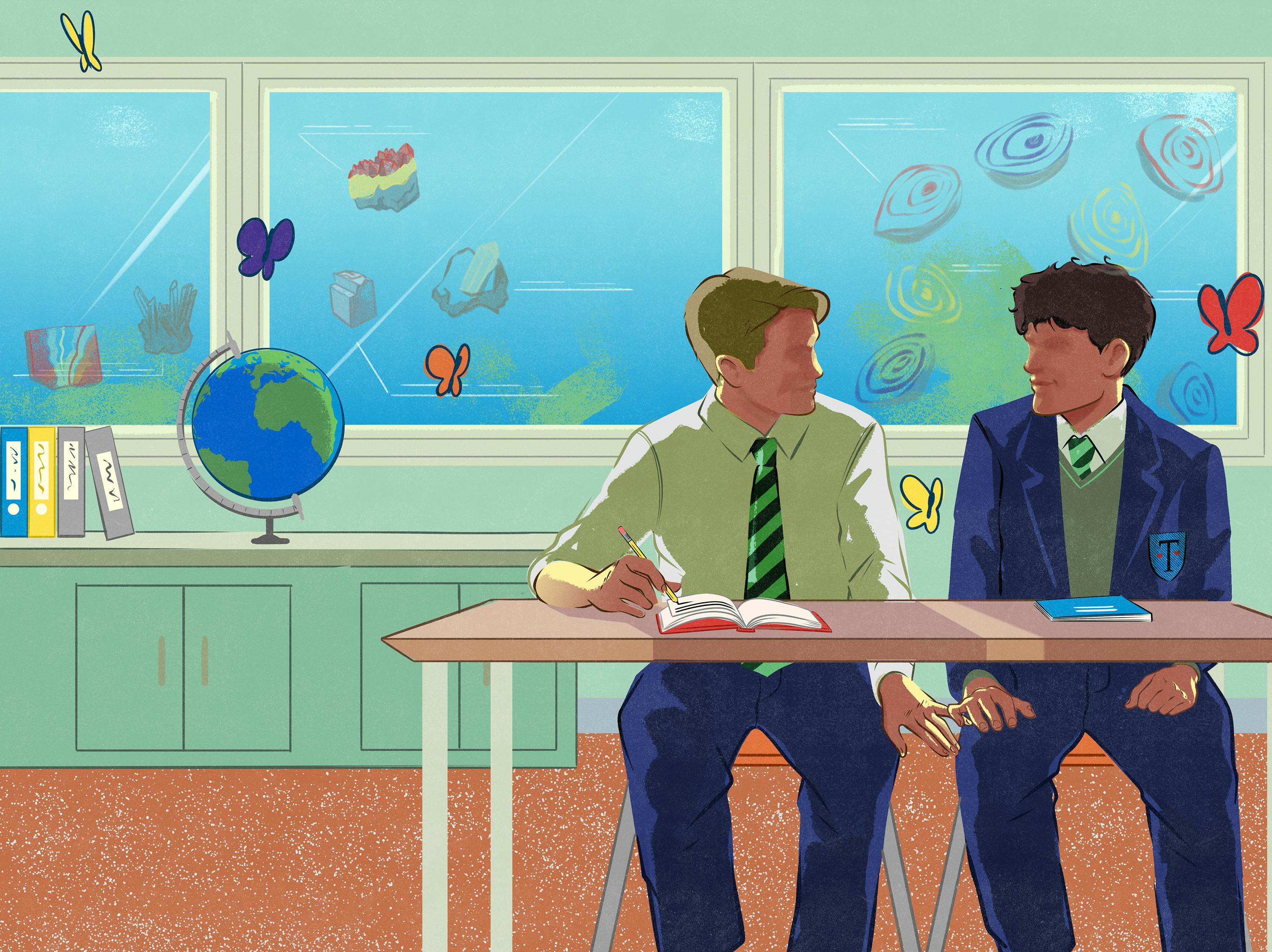 Illustration of Nick and Charlie in a classroom.