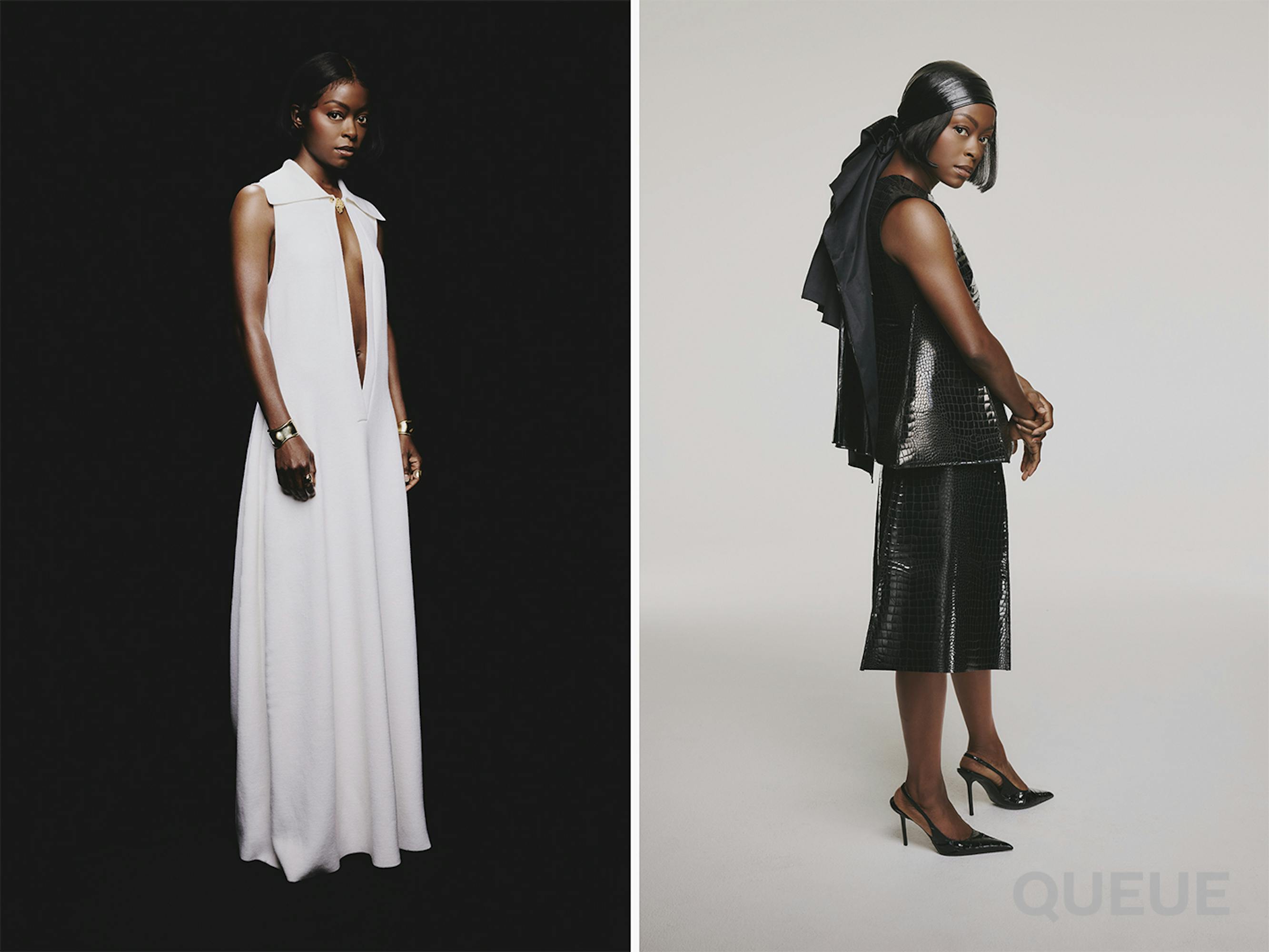 Danielle Deadwyler in a diptych shot. At left she wears a white dress against a black background. At right she wears a black ensemble against a white background.