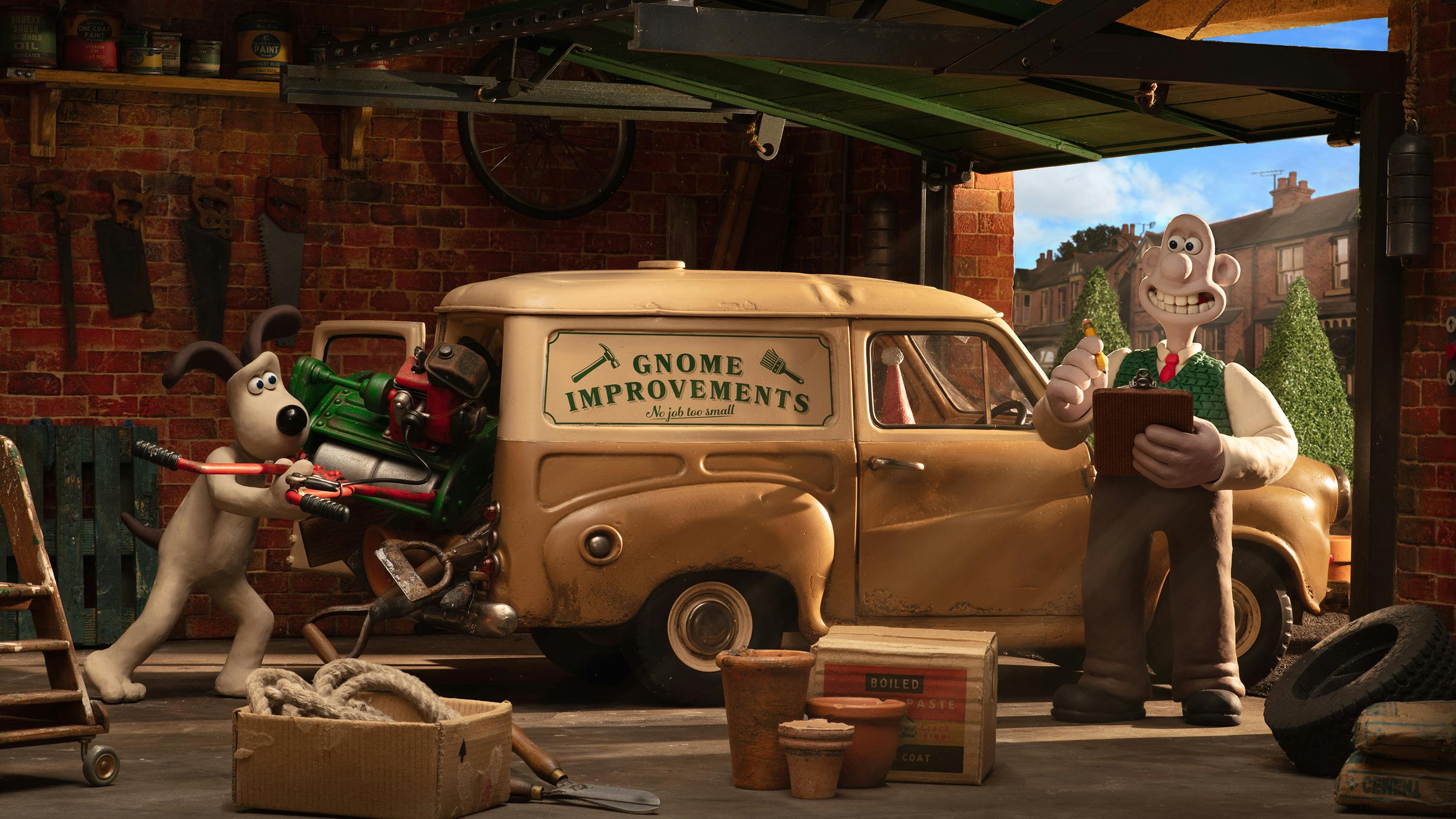 A shot from Wallace & Gromit: Vengeance Most Fowl in a car garage.