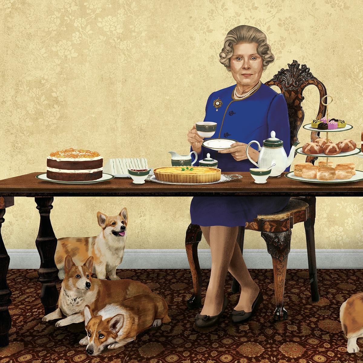 Imelda Staunton sits regally in an ornate chair at a dinner table filled with a wonderland of treats. At her feet sit four corgis, who are impeccably stout. All looks well in the royal family in this picture… but don’t be fooled. 