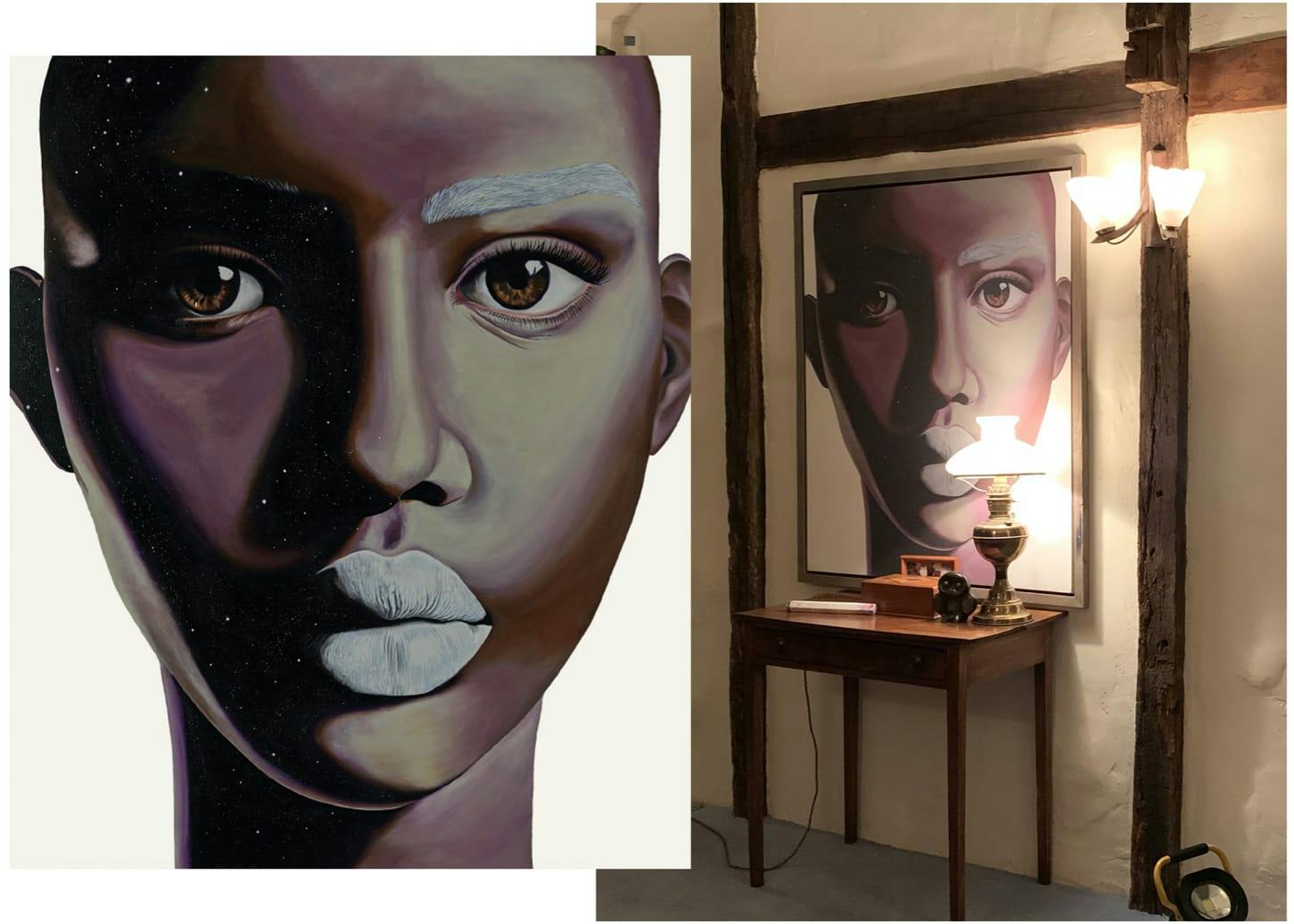 Two images of a piece of artwork, and the artwork where it belongs in the house. The portrait is a close shot of a black woman, with grey lips and eyebrows. In the house it stands above a small wooden table, lit by a lamp and framed by wooden beams.