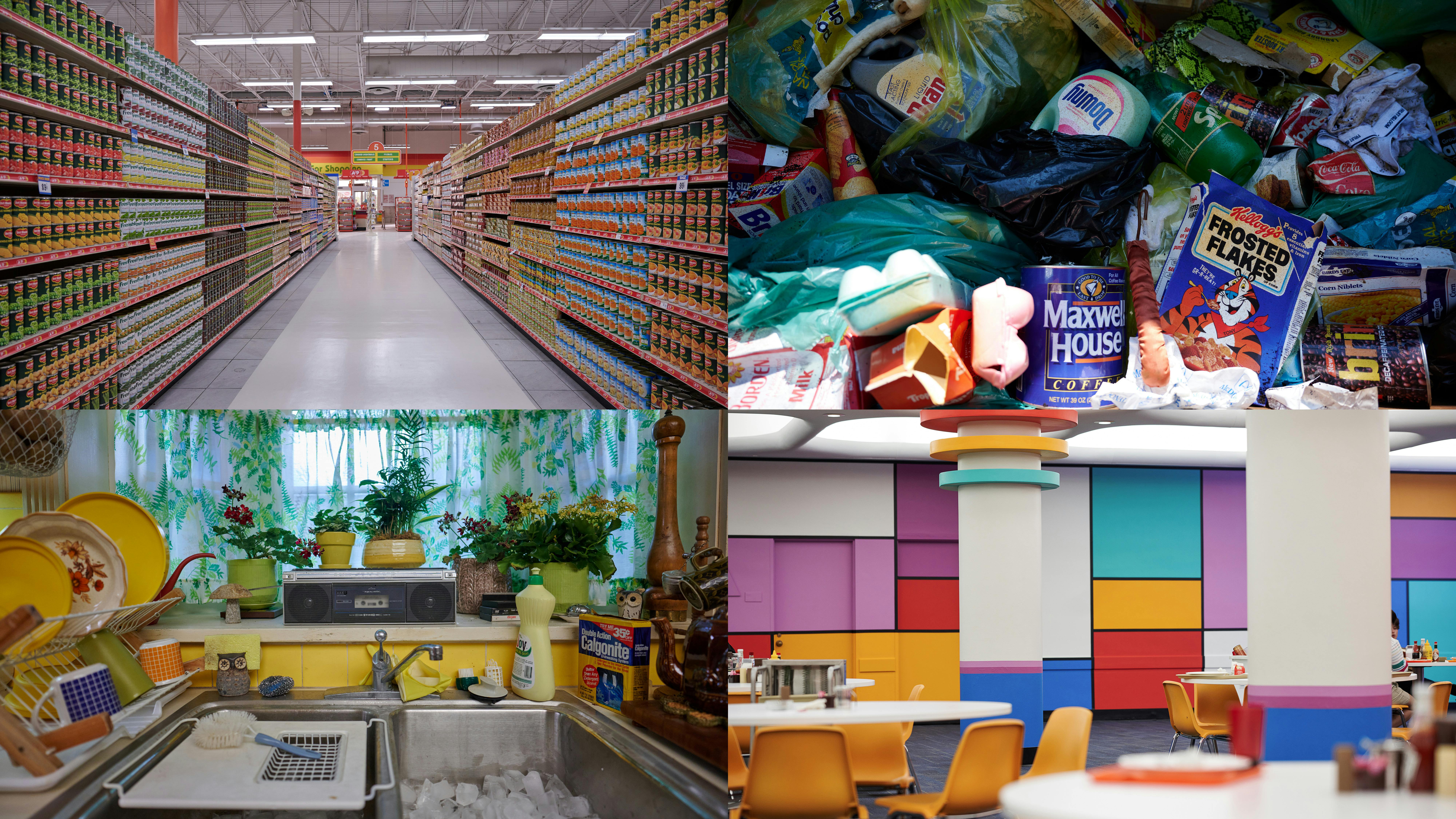 Four images in a grid: top left is a long grocery aisle, top right is a pile of trash, bottom left is a sink with mugs and other utensils in a drying rack, bottom right is a color-blocked dining hall.