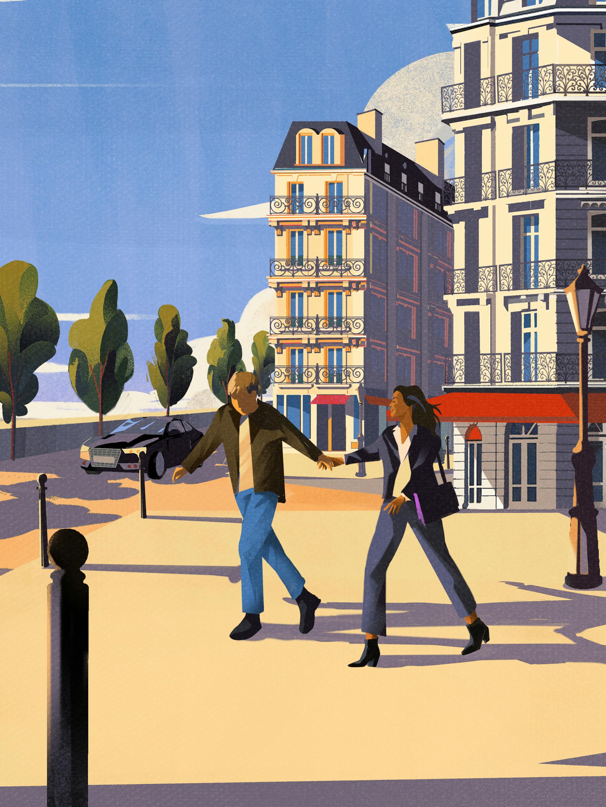 An illustration of Dexter Mayhew and Emma Morley walking through Paris streets.