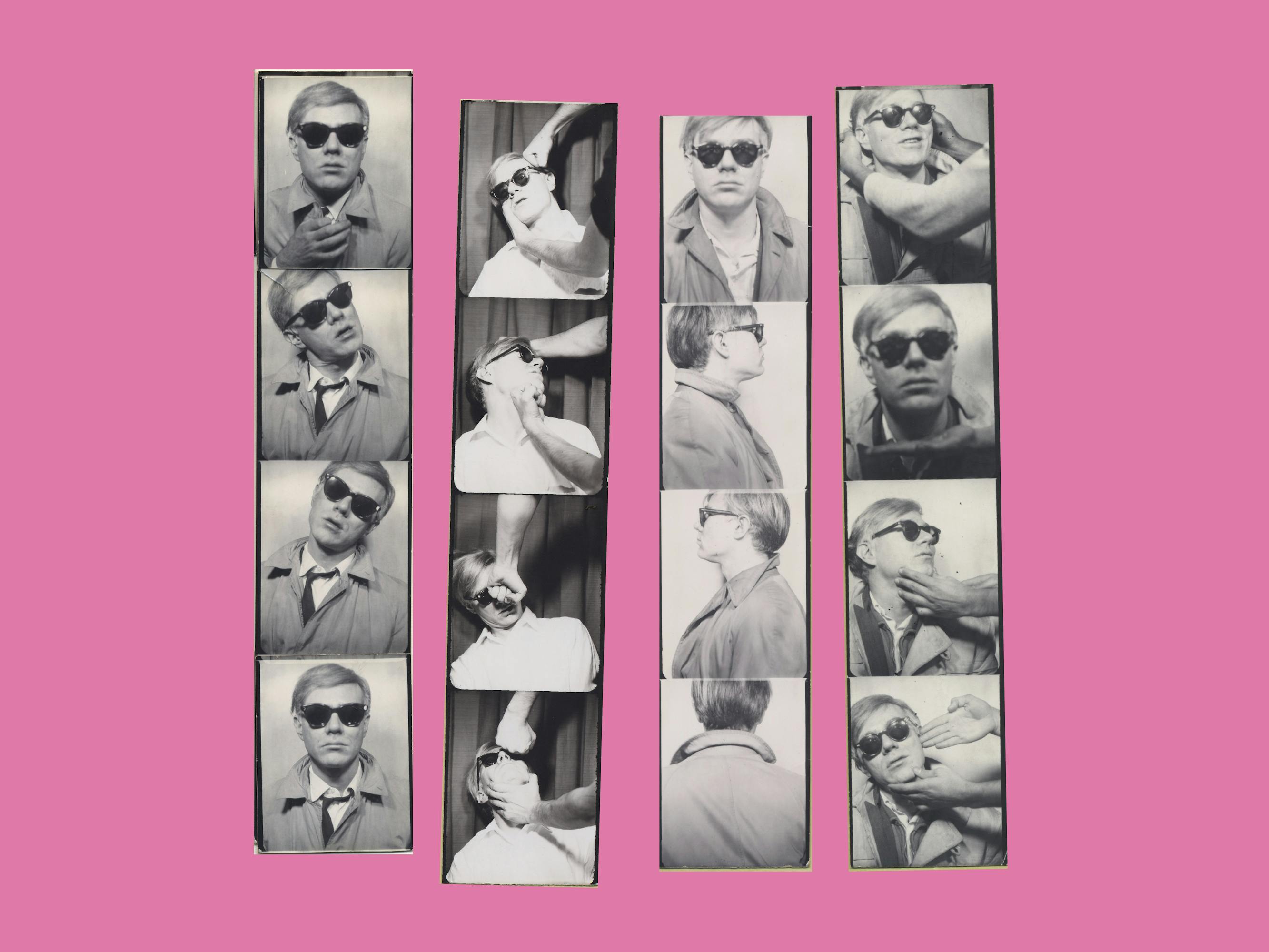 4 photo-booth strips of Andy Warhol set against a pink background.