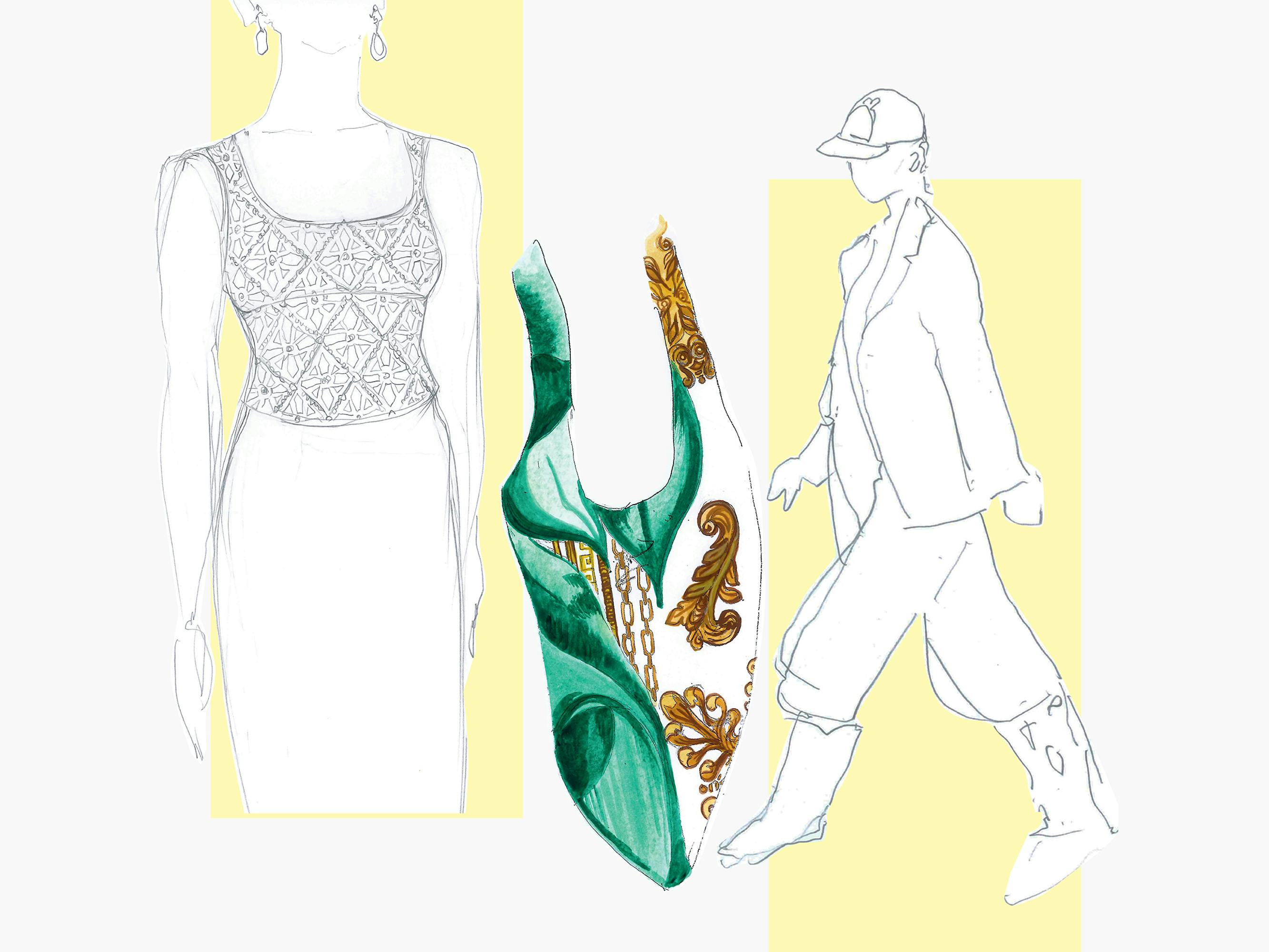 Three sketches of The Crown’s Diana’s outfits: a pencil sketch of a tank top and long skirt; a green-and-gold patterned bathing suit; a loose trouser, blazer, baseball cap, and boots ensemble. 