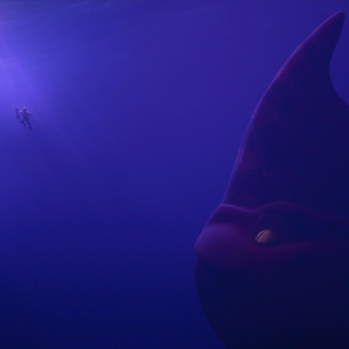 Red, Maisie, and Jacob swim underwater. The scene is purple and blue and a little bit ominous.