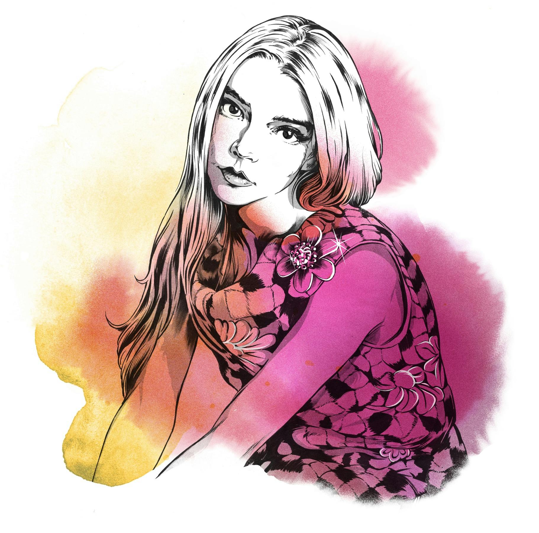 A pencil and watercolor sketch of Anya Taylor-Joy in pinks and yellows. Her head is cocked to one side, and she’s wearing a sleeveless dress in a bold floral and check print.  