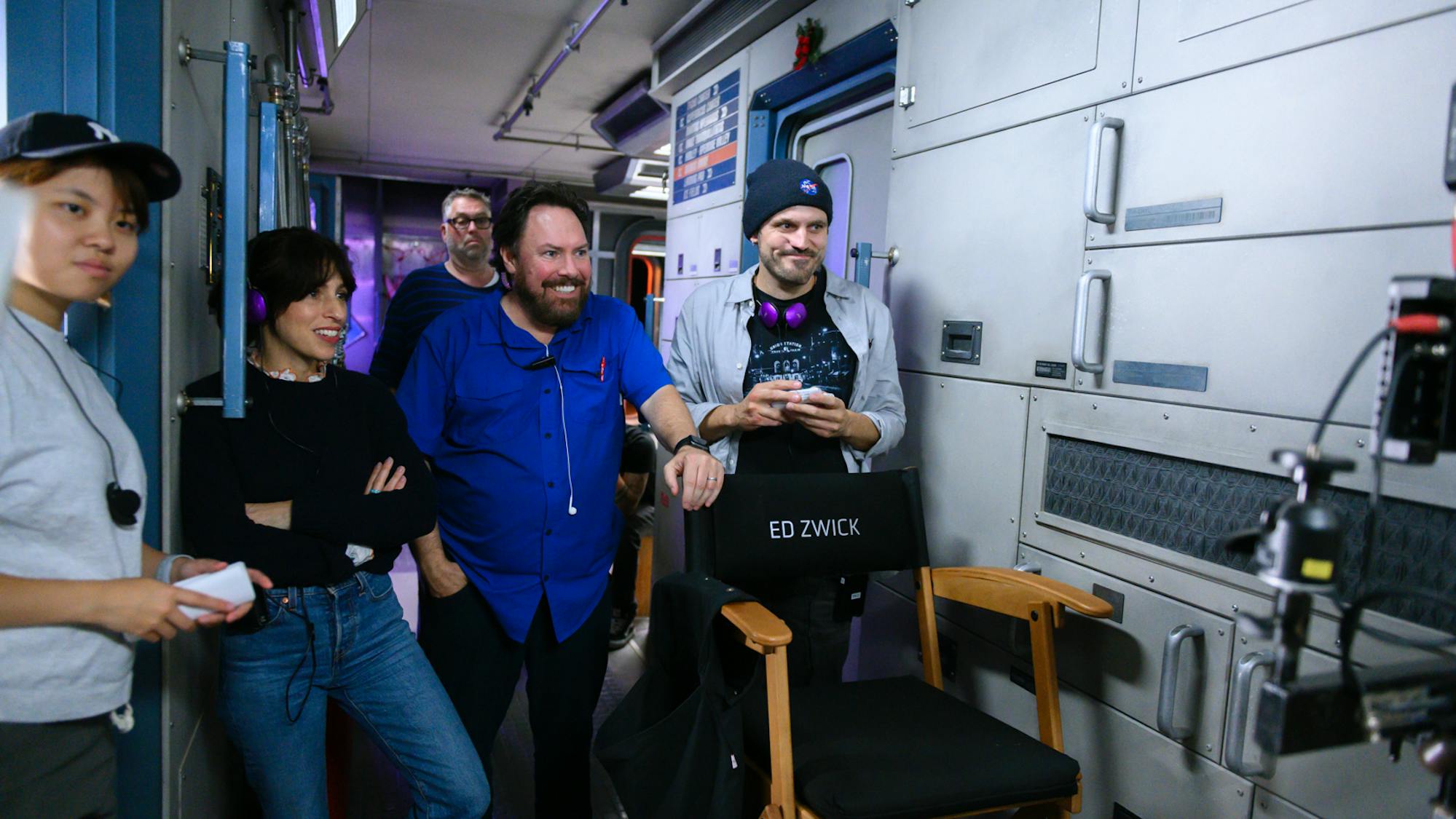 Jessica Goldberg with fellow crew members on set