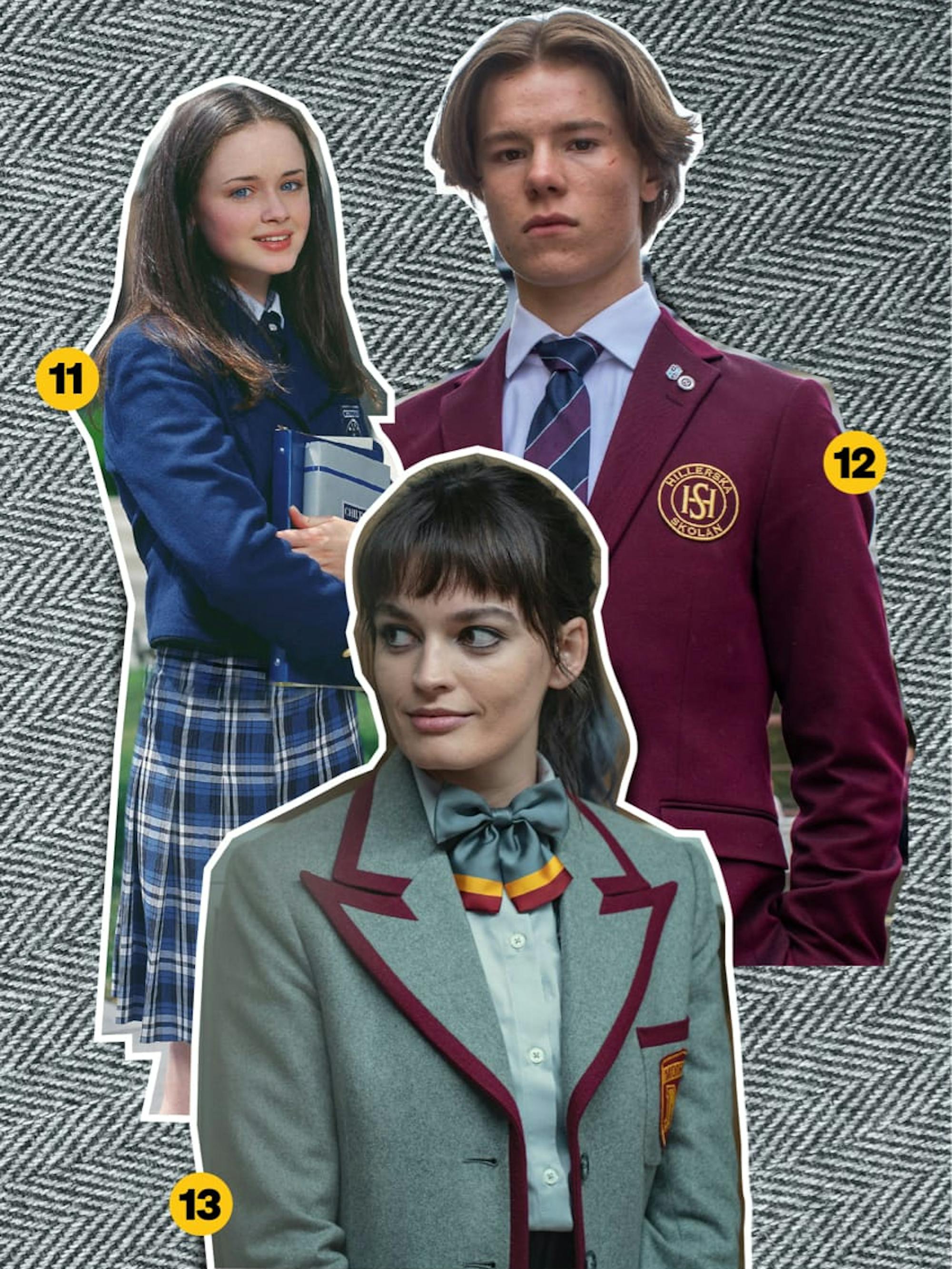 Clockwise: Alexis Bledel (Gilmore Girls), Edvin Ryding (Young Royals), and Emma Mackey (Sex Education) are collaged over a zigzagged, striped grey textile. Each wears a school uniform. Bledel’s is blue plaid with a blue blazer, Ryding’s is burgundy with a blue and burgundy tie and blue collared shirt, and Mackey’s is grey with red details and a cute grey, gold, and red neck bow.