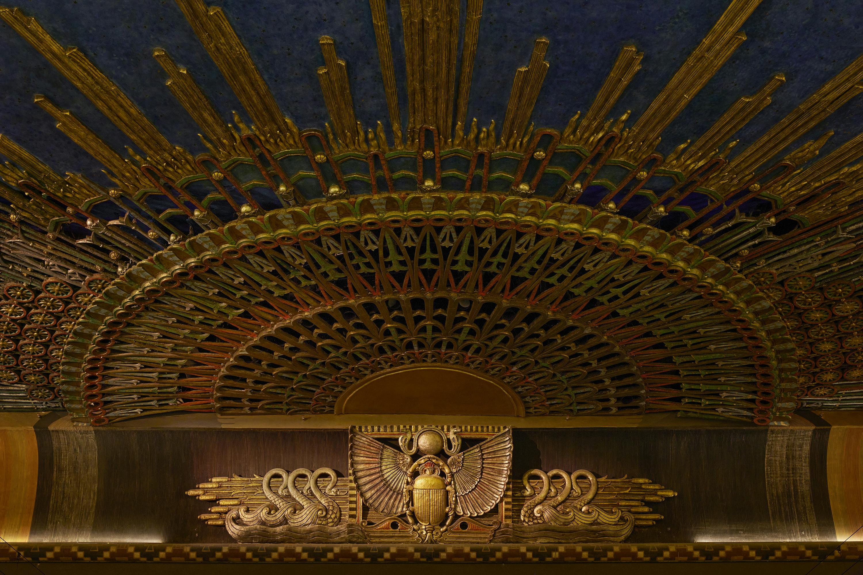 The Egyptian Theater ceiling features a gold scarab and ornate gold detailing.