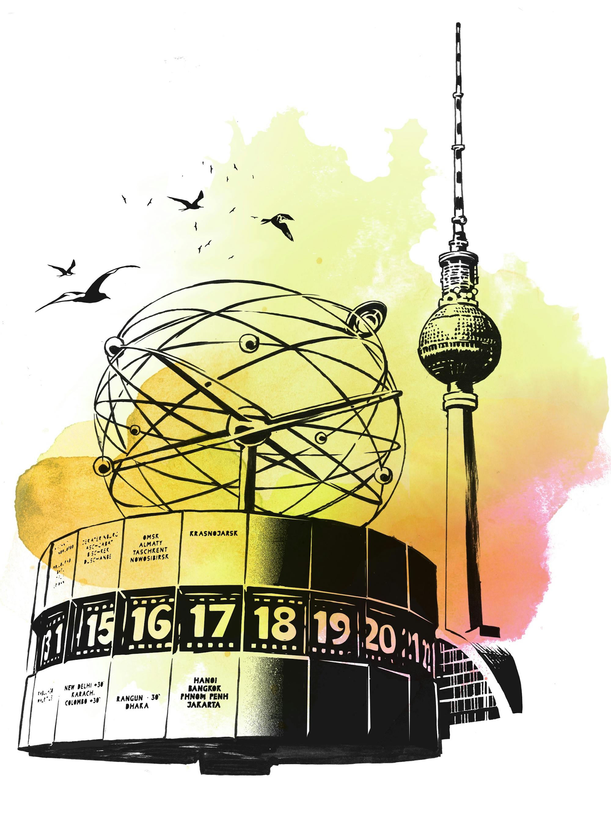 Watercolor sketch of the Television Tower and World Clock in Berlin. If Anya finished up night shoot at five a.m., it was probably cocktail hour somewhere!