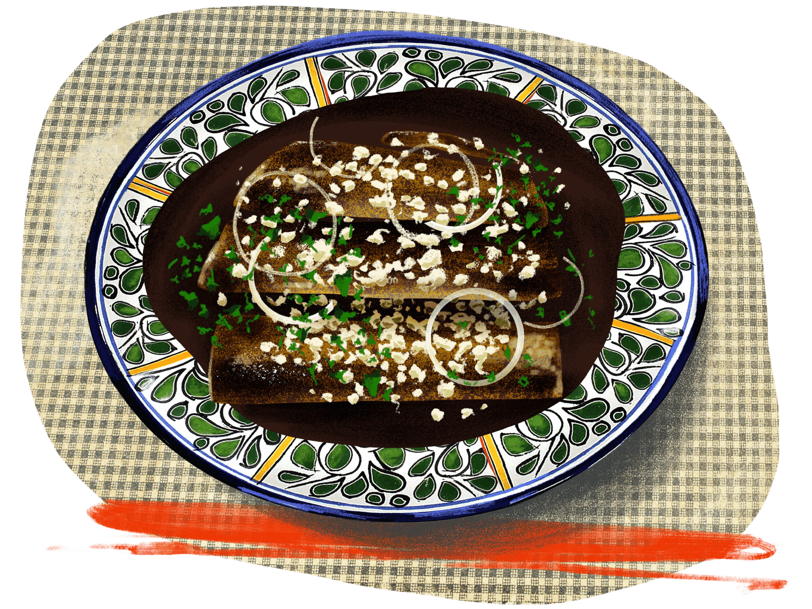 An illustration of enchiladas in a bean sauce.