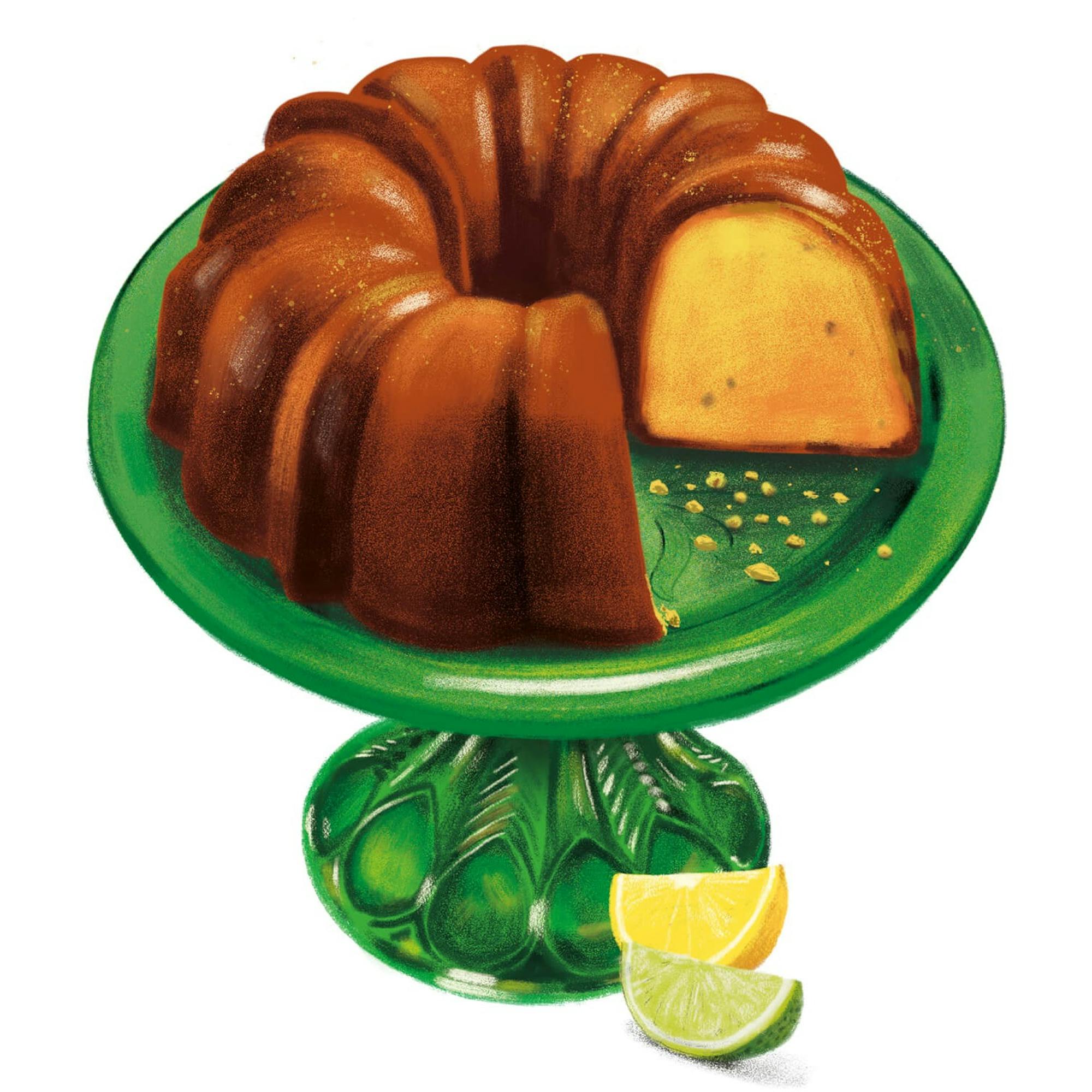 An image of the Satterfield Family 7Up Pound Cake. The delicious looking bundt cake rests on a green plate. There are some crumbs where a slice was taken.