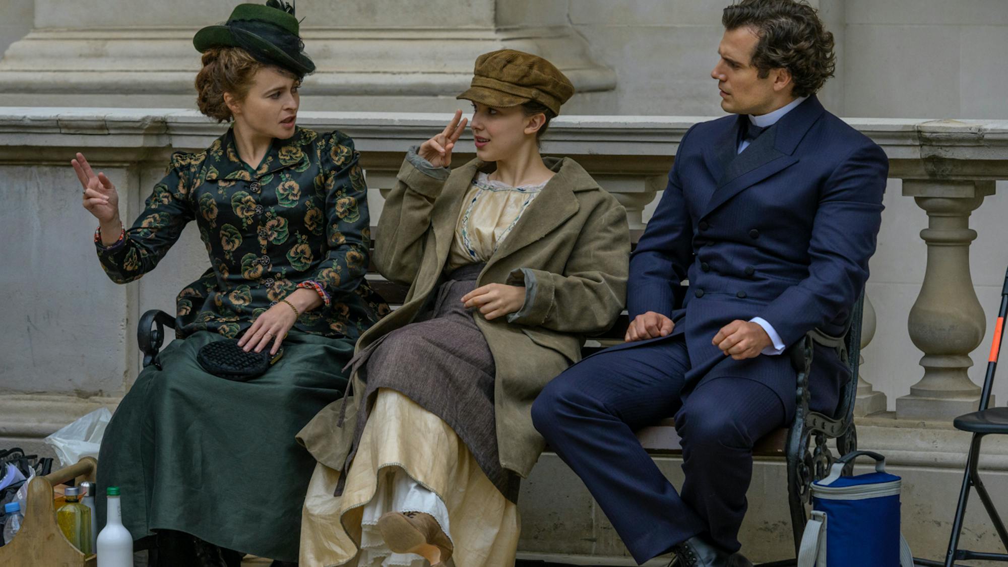 Helena Bonham Carter, Millie Bobby Brown, and Henry Cavill in between takes