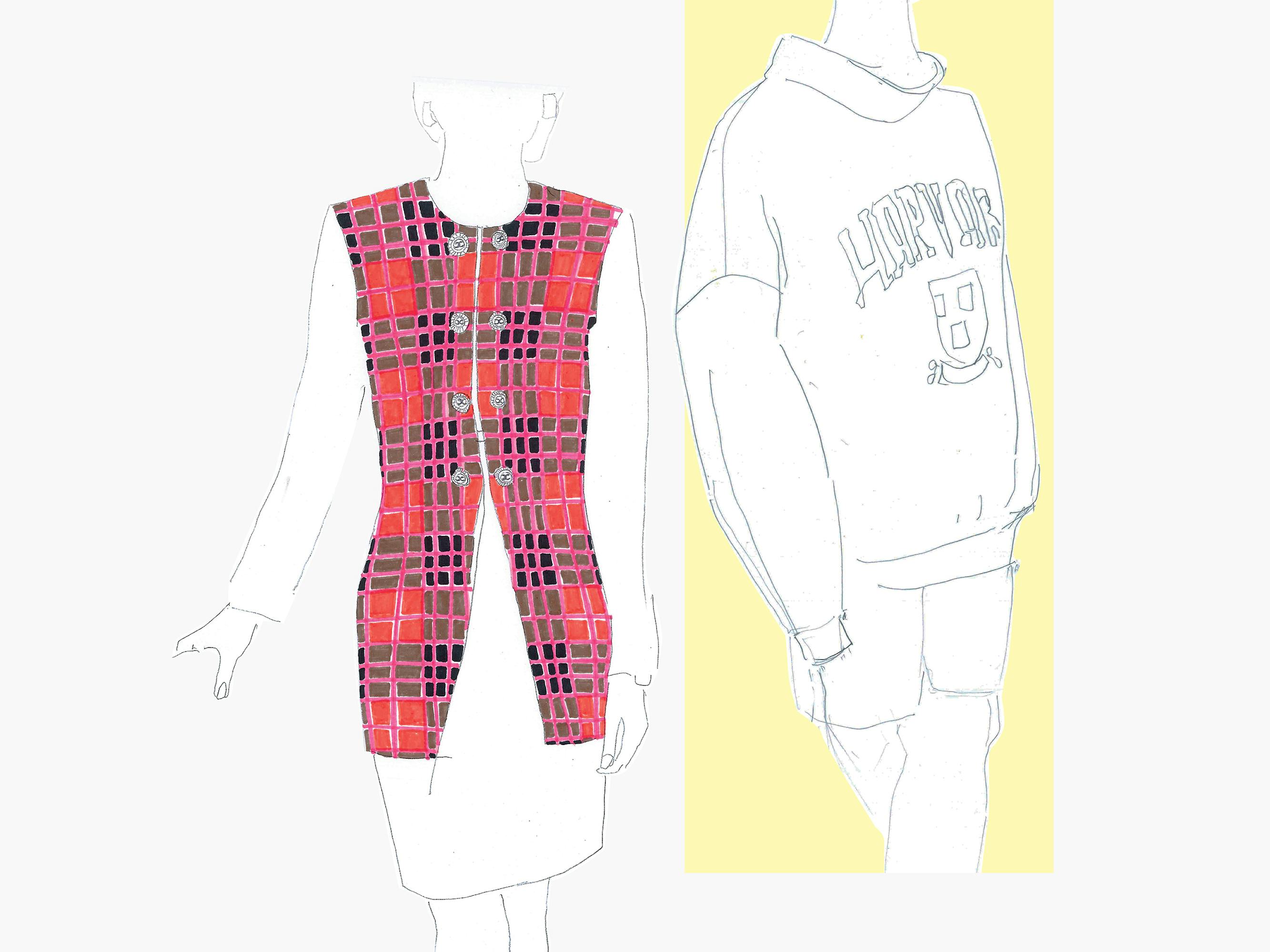 Sketches of two of The Crown’s looks for Diana: A red checkered, buttoned vest; a pencil sketch of a baggy Harvard sweatshirt.