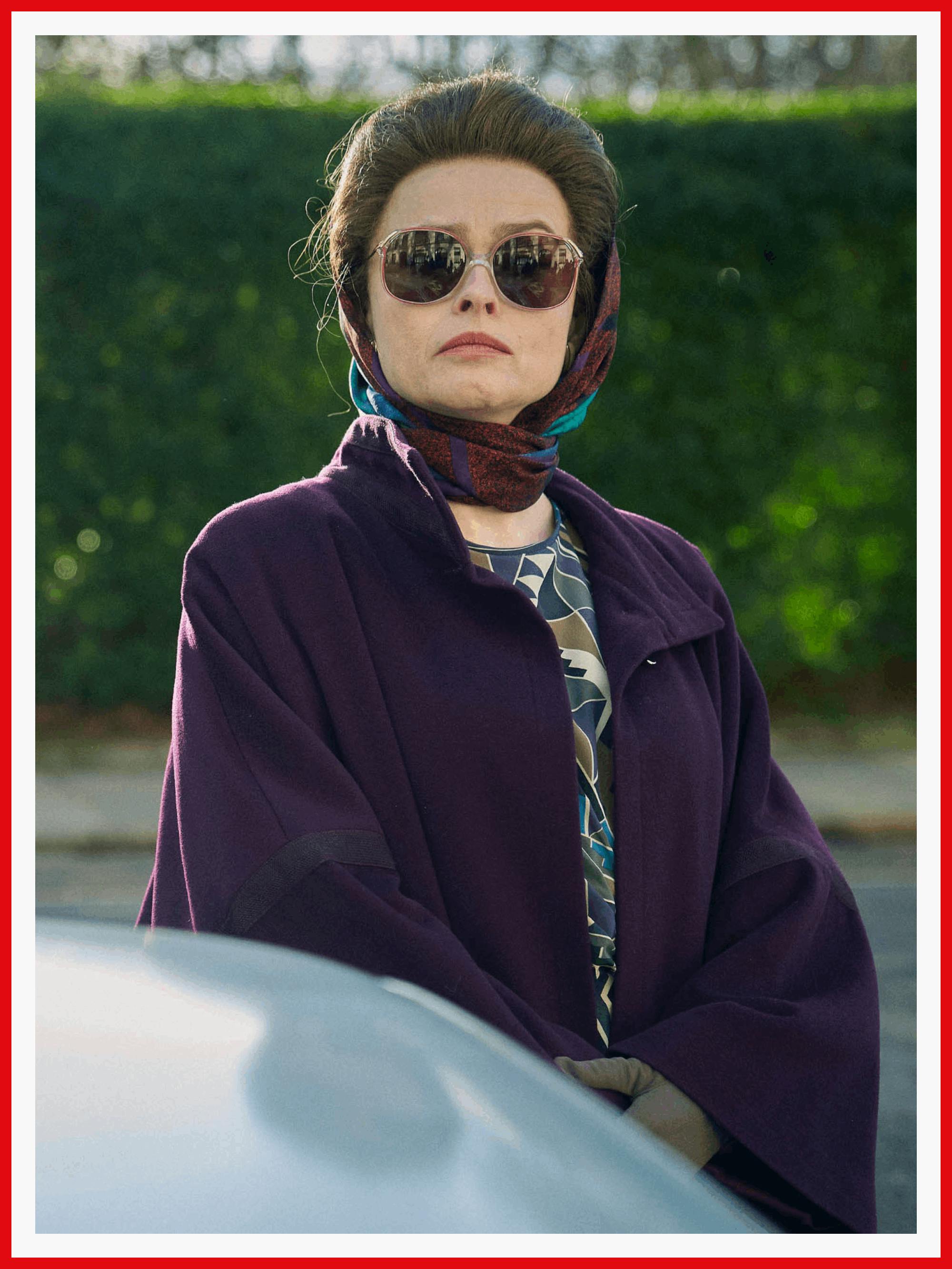 Helena Bonham Carter as Princess Margaret looks chic in this deep-purple get-up.