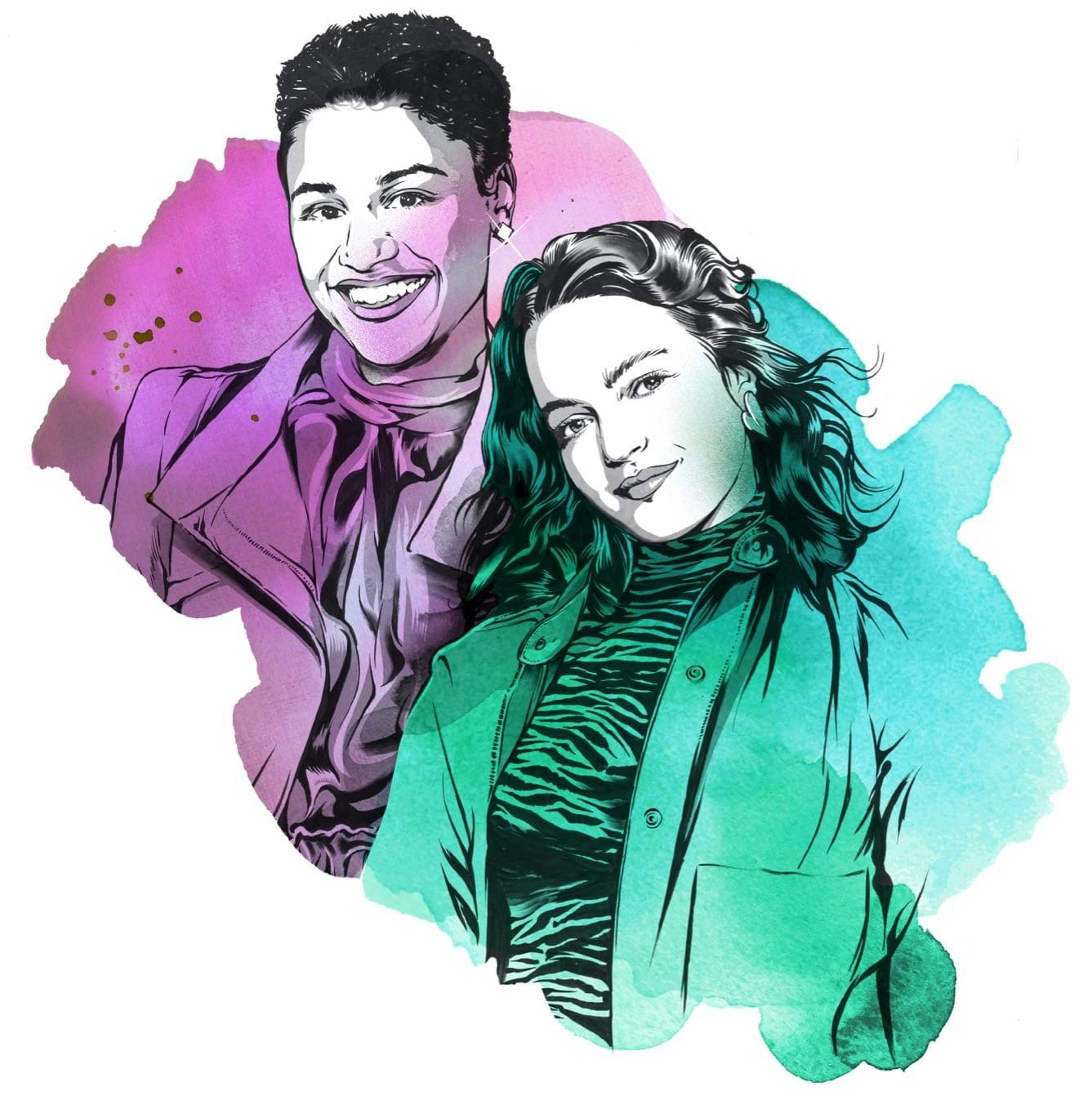 Illustration of actors Ariana DeBose and Jo Ellen Pellman, made with watercolors of purple and green over pencil sketches.