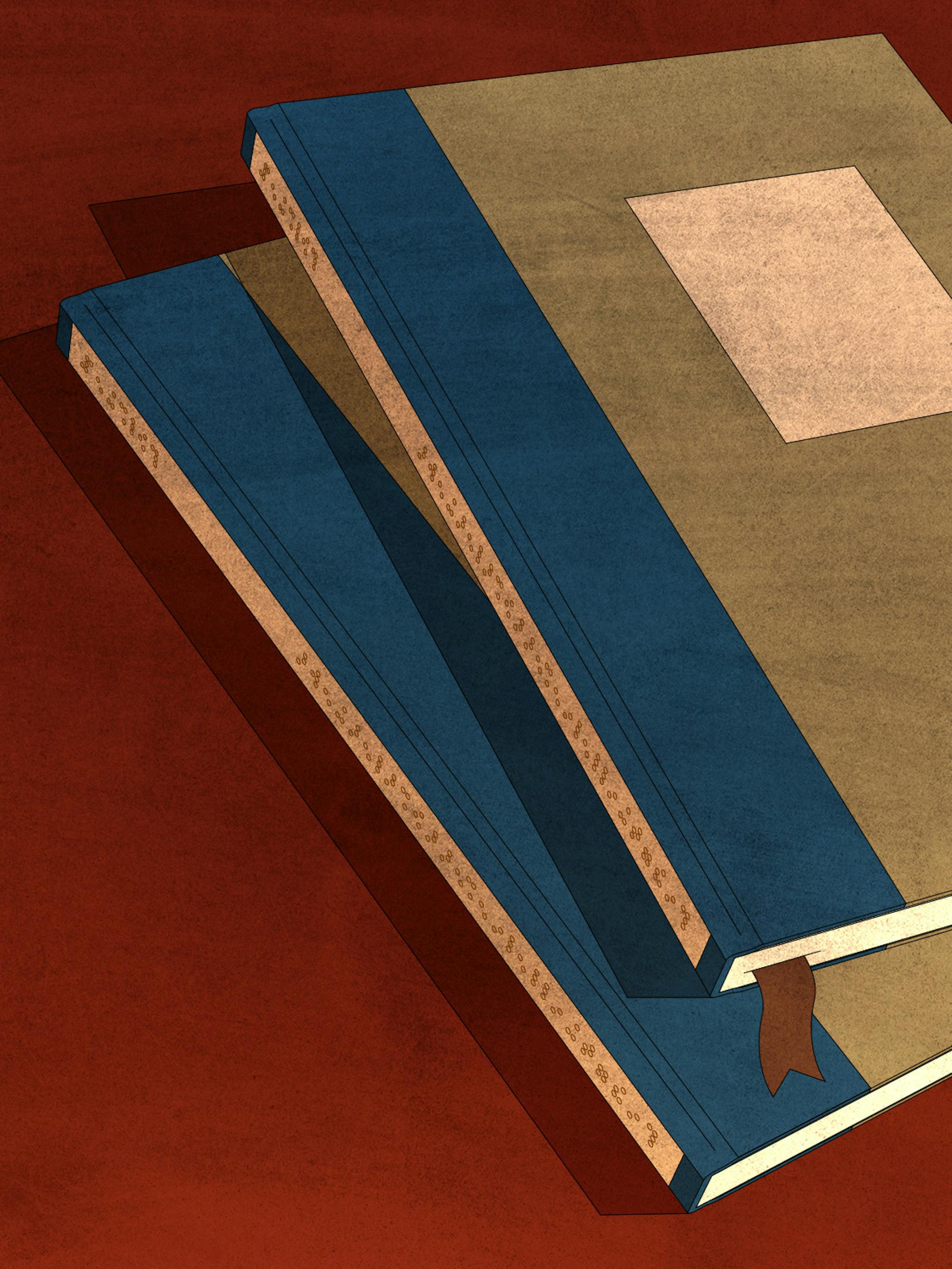 Twenty Thousand Leagues Under the Seas printed in braille: a tan book with a blue spine.