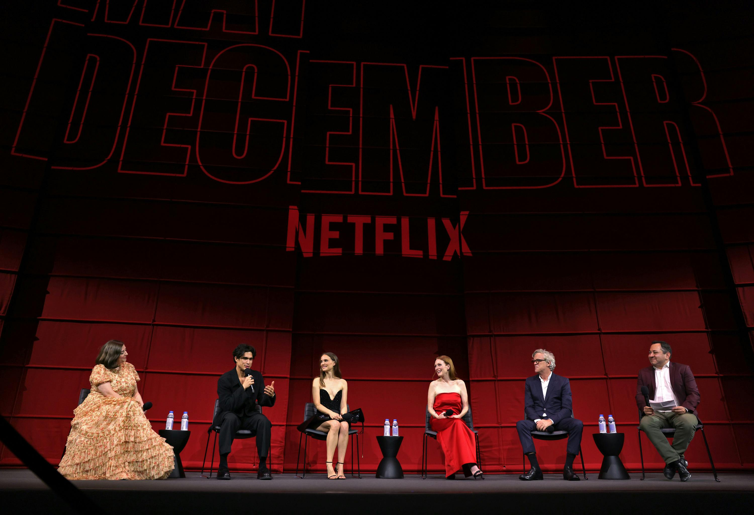 Samy Burch, Charles Melton, Natalie Portman, Julianne Moore, Todd Haynes, and Scott Feinberg sit onstage.