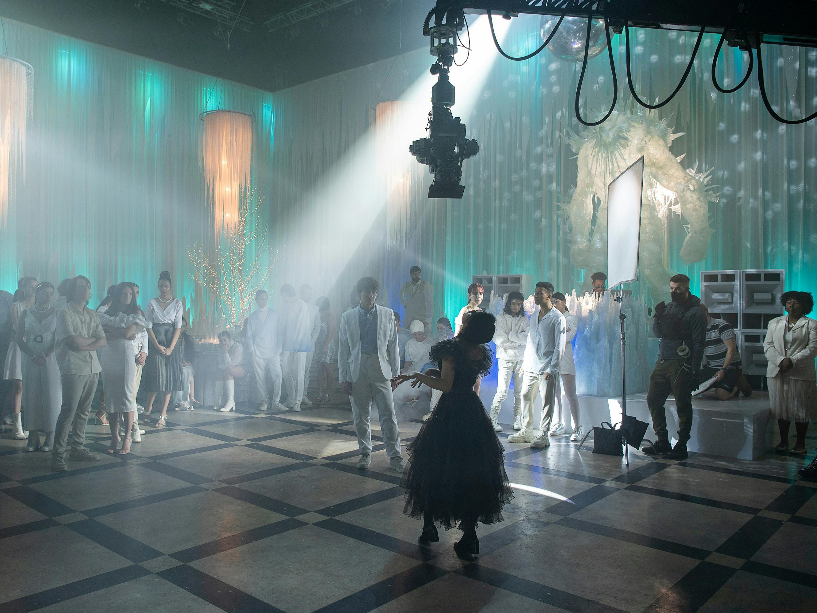 Wednesday (Jenna Ortega) behind the scenes at the Rave’N Dance.