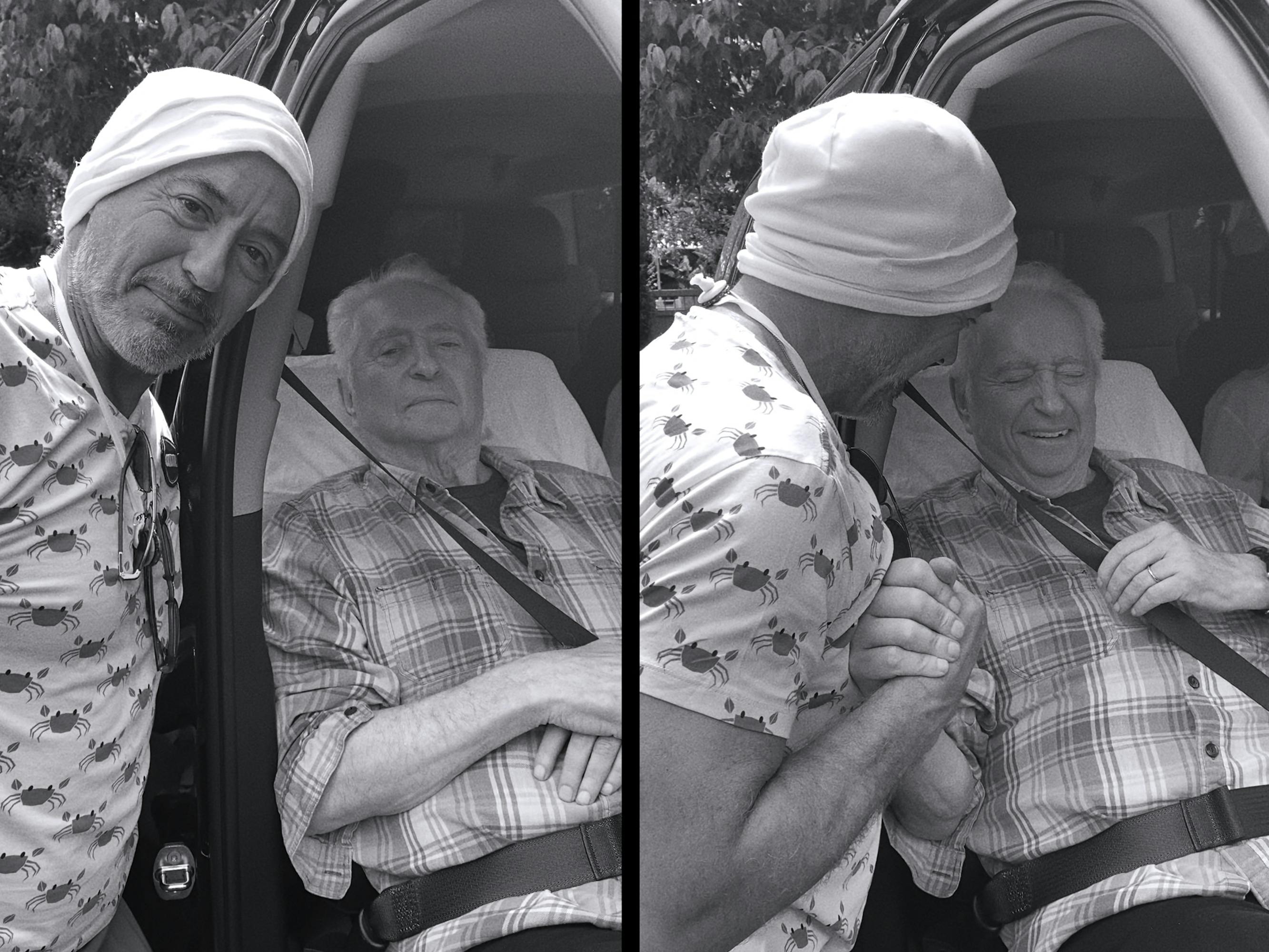 Robert Downey Jr. and Robert Downey Sr. in a triptych. Jr. wears a white hat and shirt with a crab pattern. Sr. wears a plaid button-down.