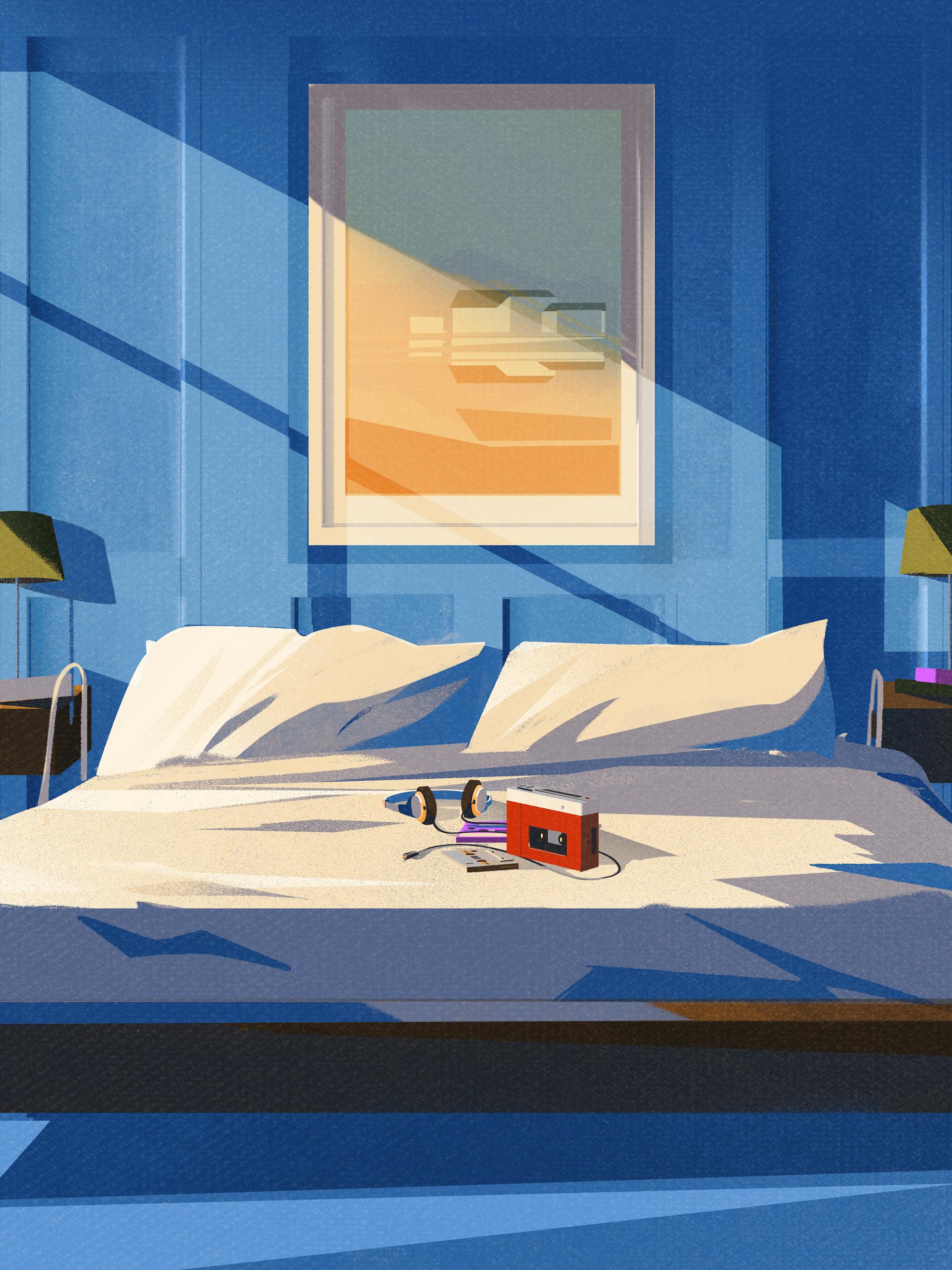 An illustration of a cassette-player with headphones and a couple tapes sitting on a white bed in a blue room.
