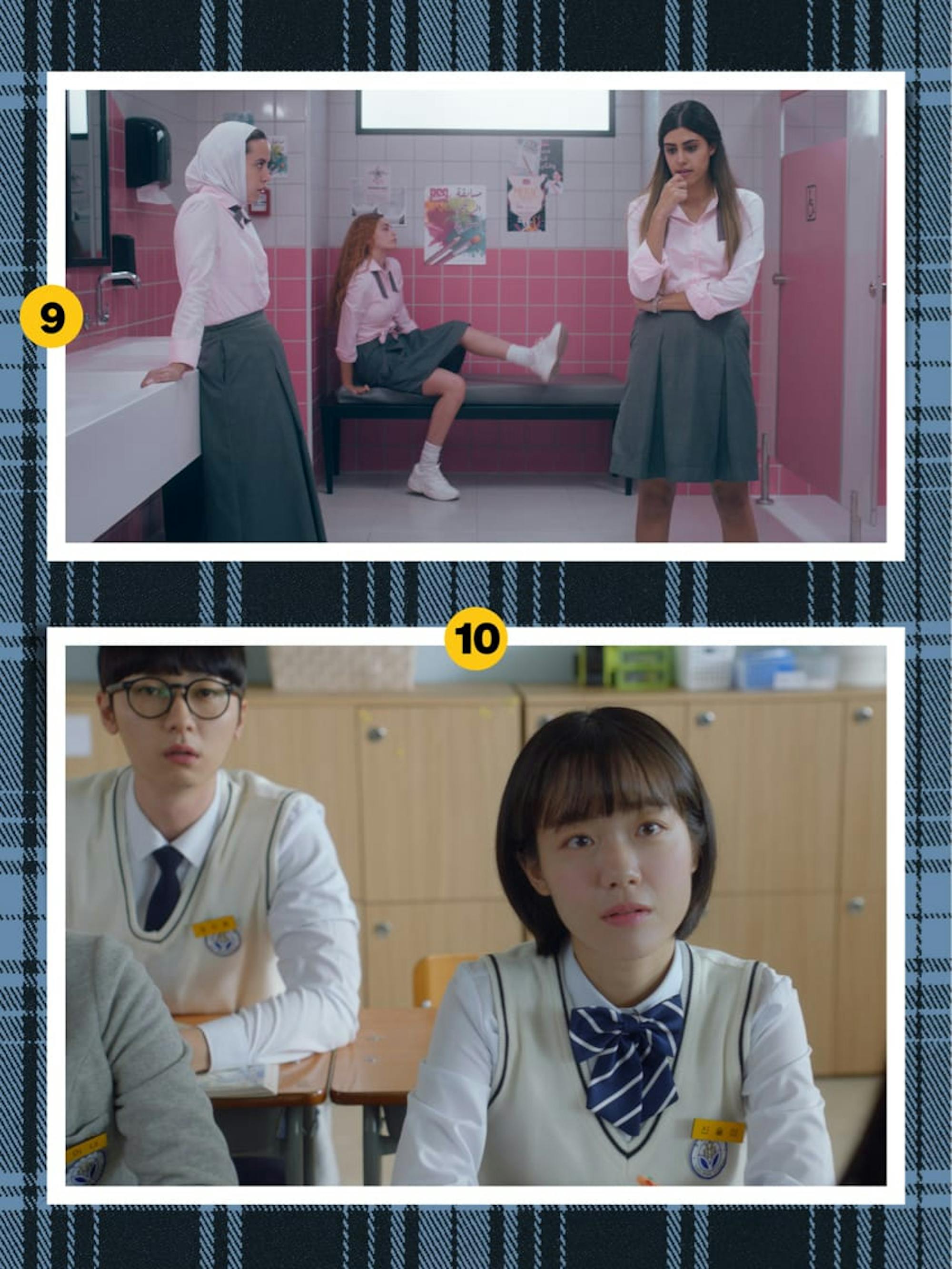 Top image: Rakeen Sa’ad, Joanna Arida, and Noor Taher from Alrawabi School for Girls wear their pink-topped, grey-skirted uniforms in a pink-tiled bathroom. Bottom image: Jeong Jin-Hwan and So Joo-yoon from A Love So Beautiful sit in their classroom in uniform; a white button down with a blue and white striped necktie and a cream-colored sweater vest. A little yellow pin is on their sweaters as well. They look ahead, probably at the teacher. 