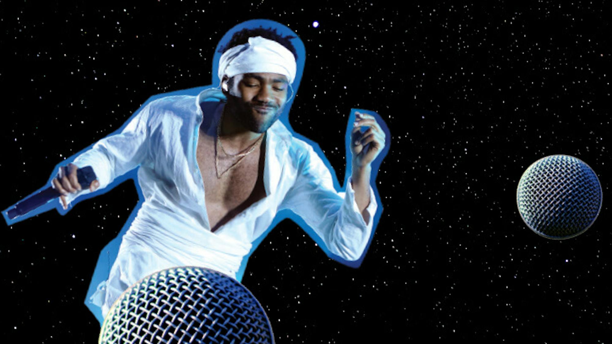 Donald Glover vibes in microphone outer space in an all white ensemble including a bandana.
