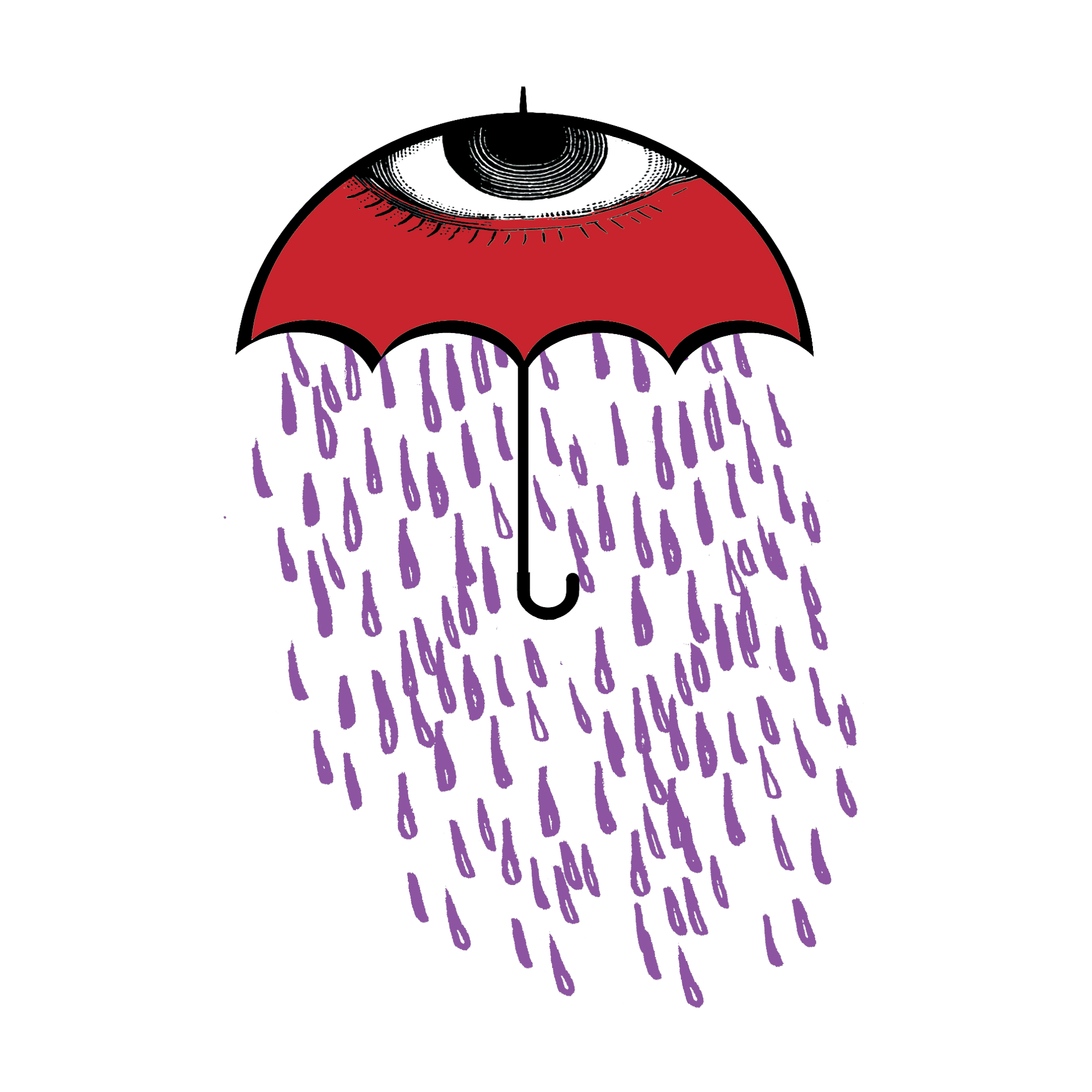 A red umbrella with a black and white eye on the top rains purple rain. 